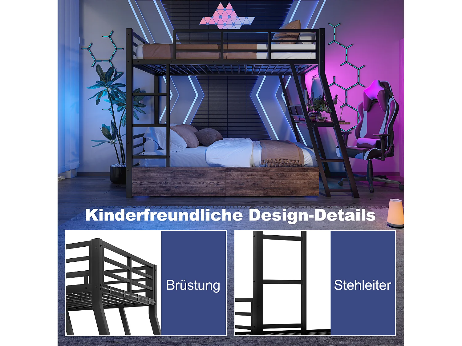 Cama alta 140x200 cm, estructura de metal, LED, cajones, barandilla, escalera, escritorio, color negro (236,8x199,2x160,5 cm)