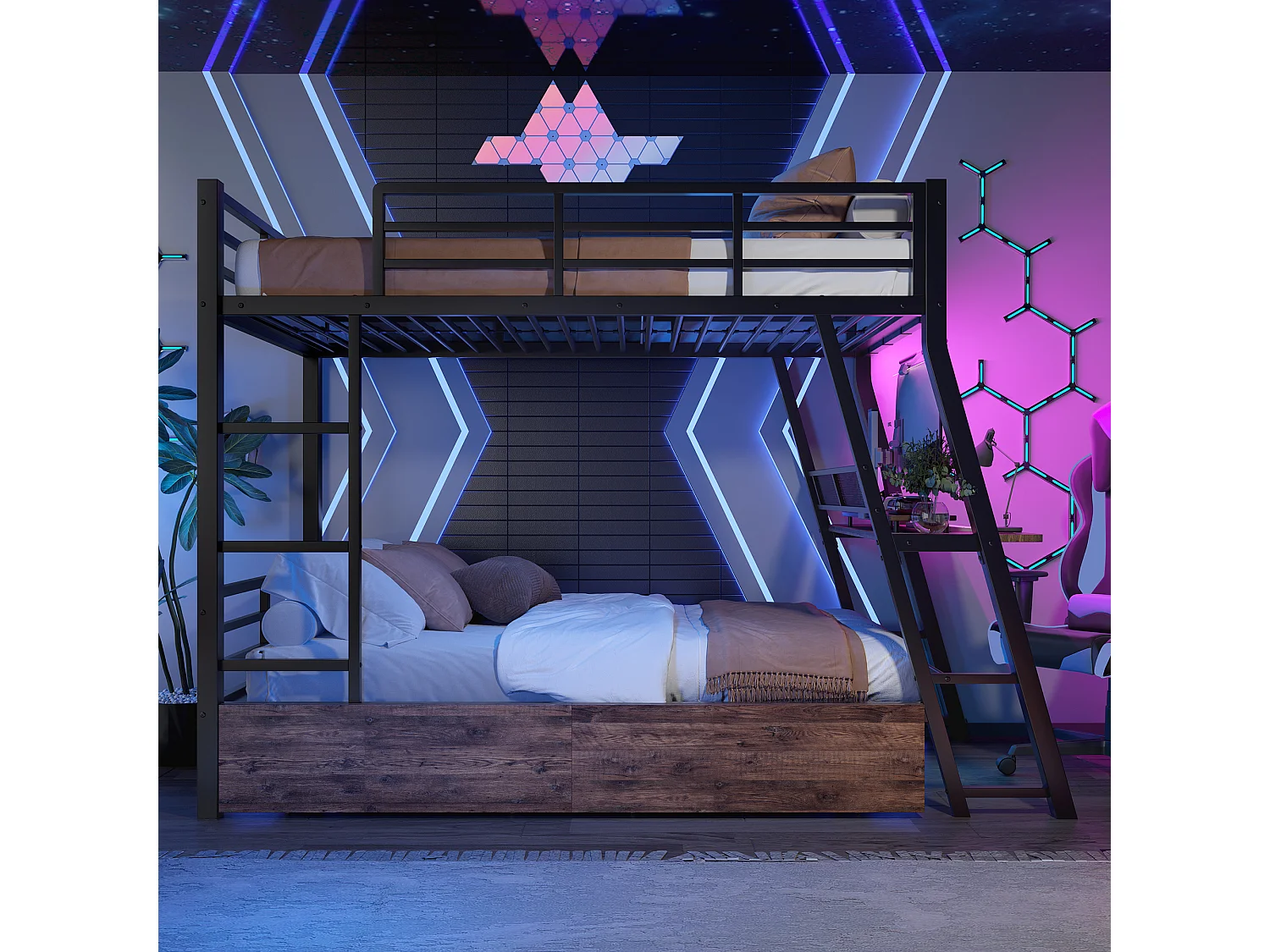 Cama alta 140x200 cm, estructura de metal, LED, cajones, barandilla, escalera, escritorio, color negro (236,8x199,2x160,5 cm)