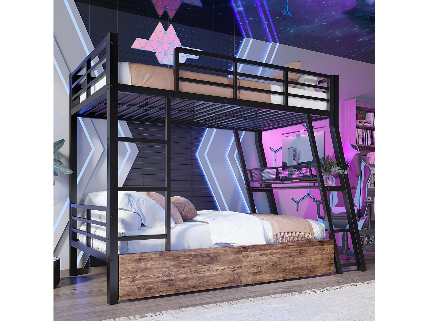 Cama alta 140x200 cm, estructura de metal, LED, cajones, barandilla, escalera, escritorio, color negro (236,8x199,2x160,5 cm)