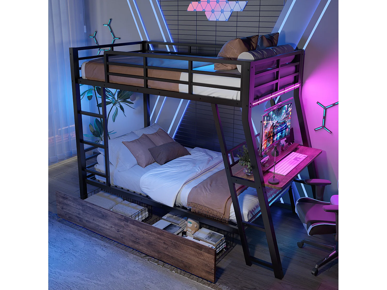 Cama alta 140x200 cm, estructura de metal, LED, cajones, barandilla, escalera, escritorio, color negro (236,8x199,2x160,5 cm)