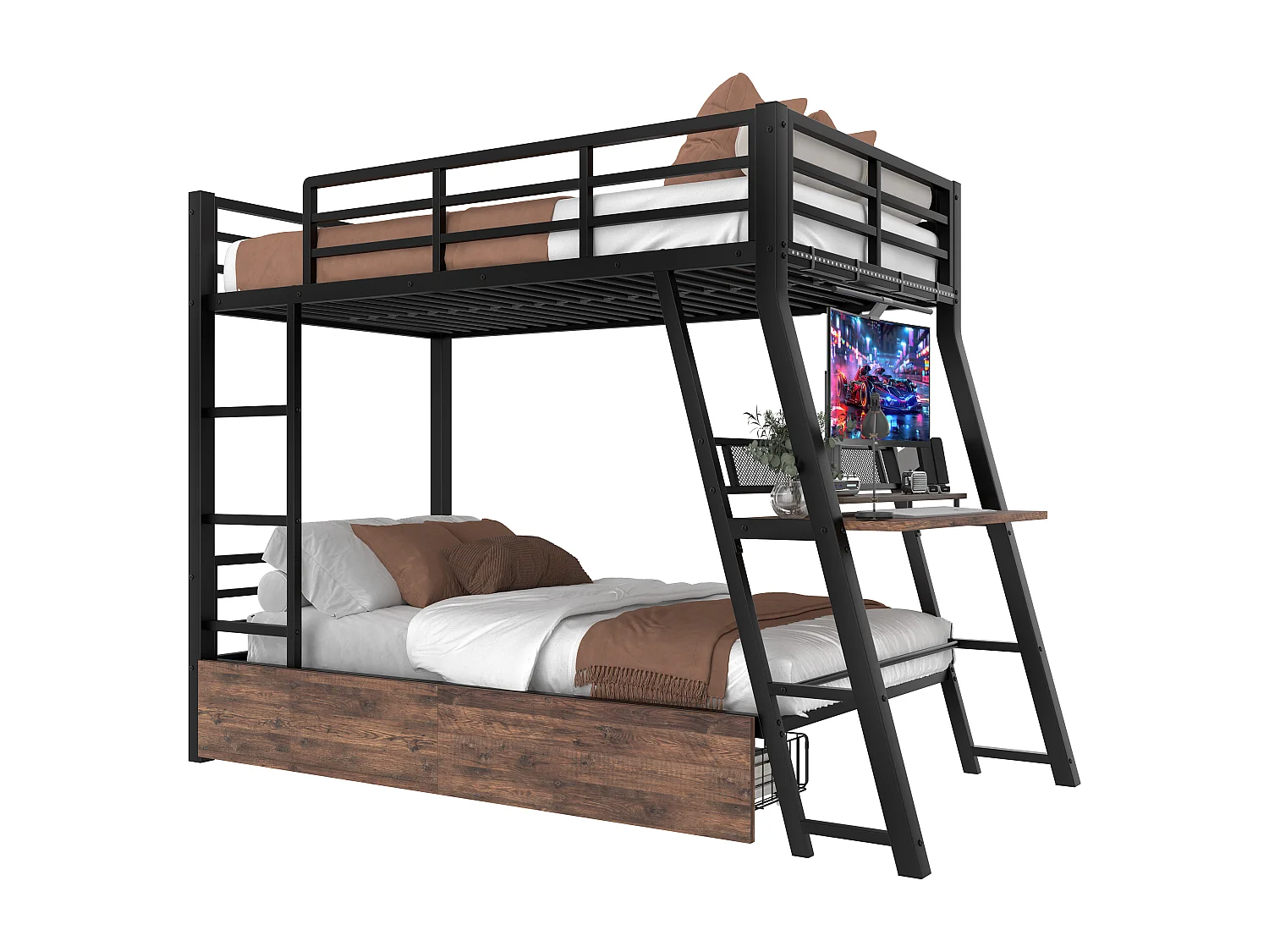 Cama alta 140x200 cm, estructura de metal, LED, cajones, barandilla, escalera, escritorio, color negro (236,8x199,2x160,5 cm)