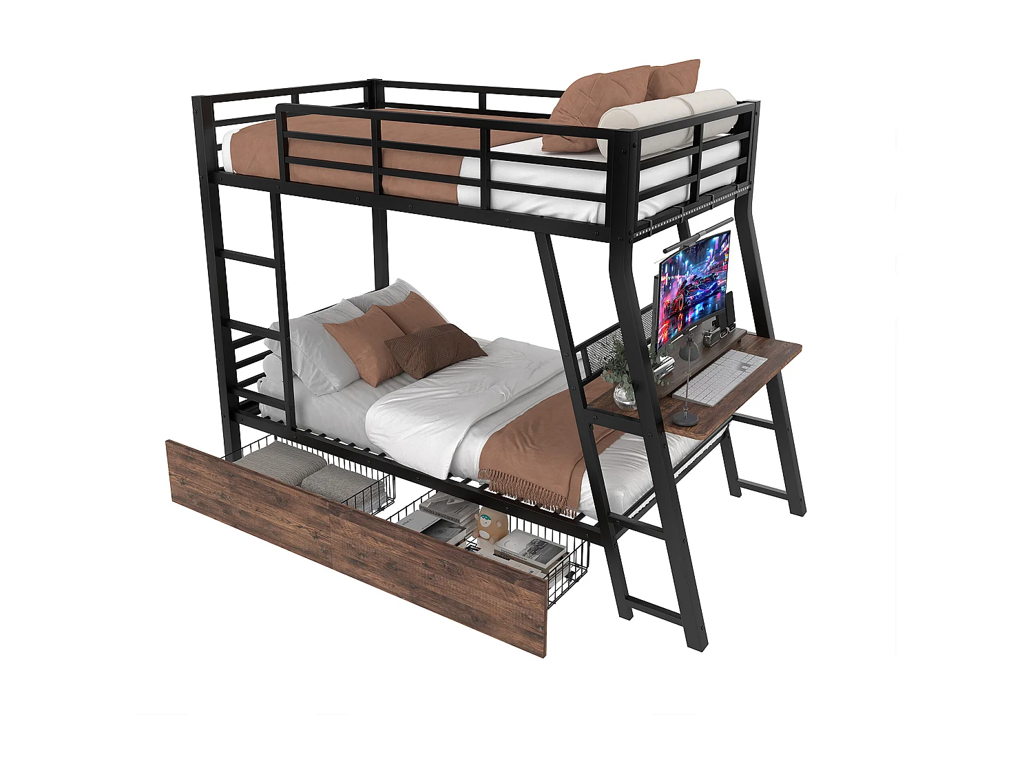 Cama alta 140x200 cm, estructura de metal, LED, cajones, barandilla, escalera, escritorio, color negro (236,8x199,2x160,5 cm)