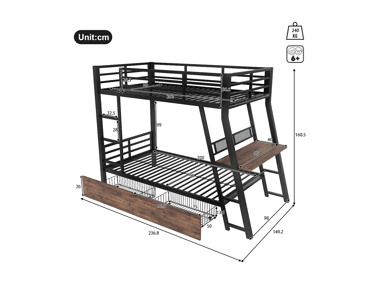 Cama alta 140x200 cm, estructura de metal, LED, cajones, barandilla, escalera, escritorio, color negro (236,8x199,2x160,5 cm)