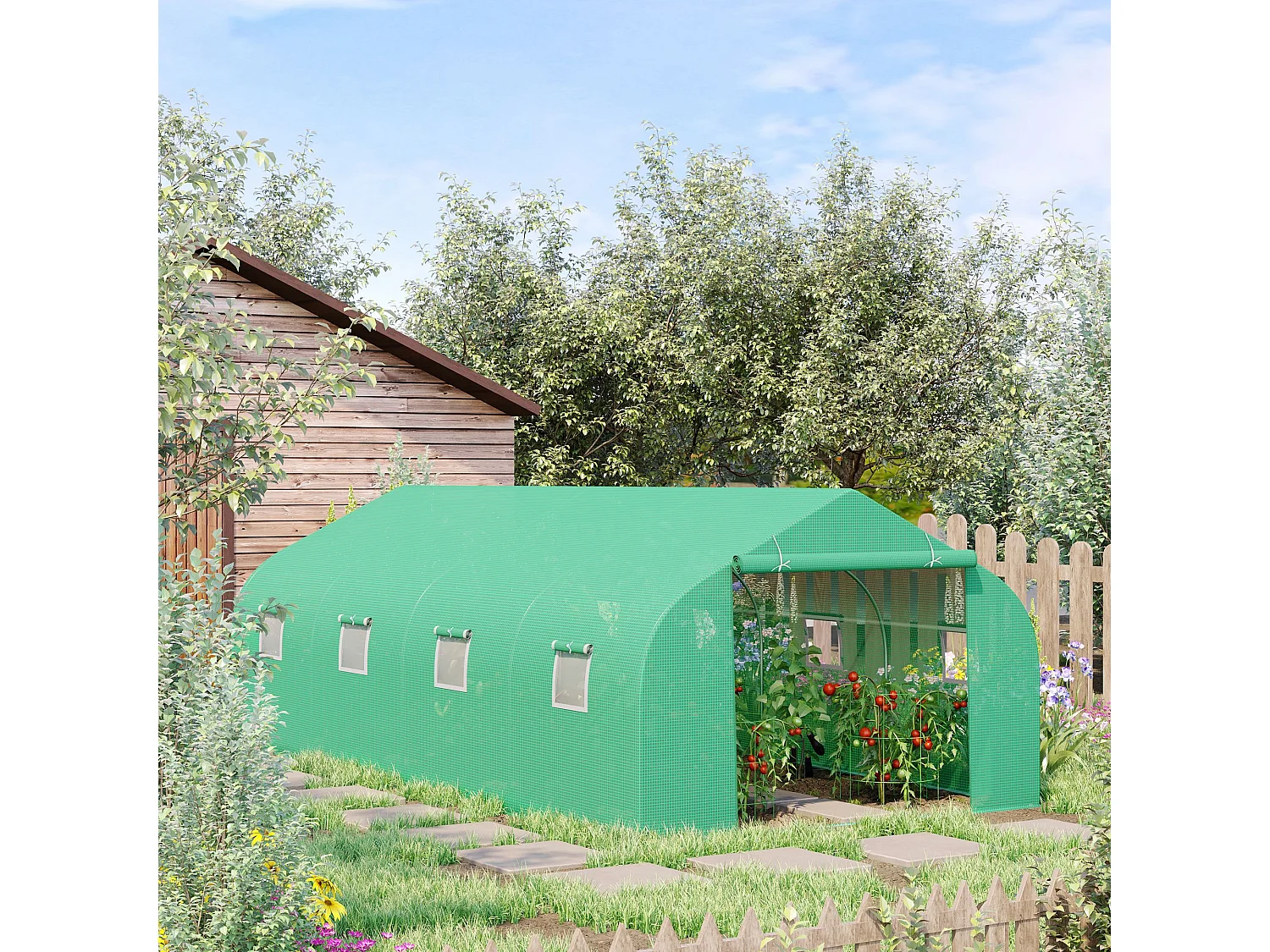 Tomatenkas met zadeldak, stalen frame, groen polyester (595x300x200 cm)