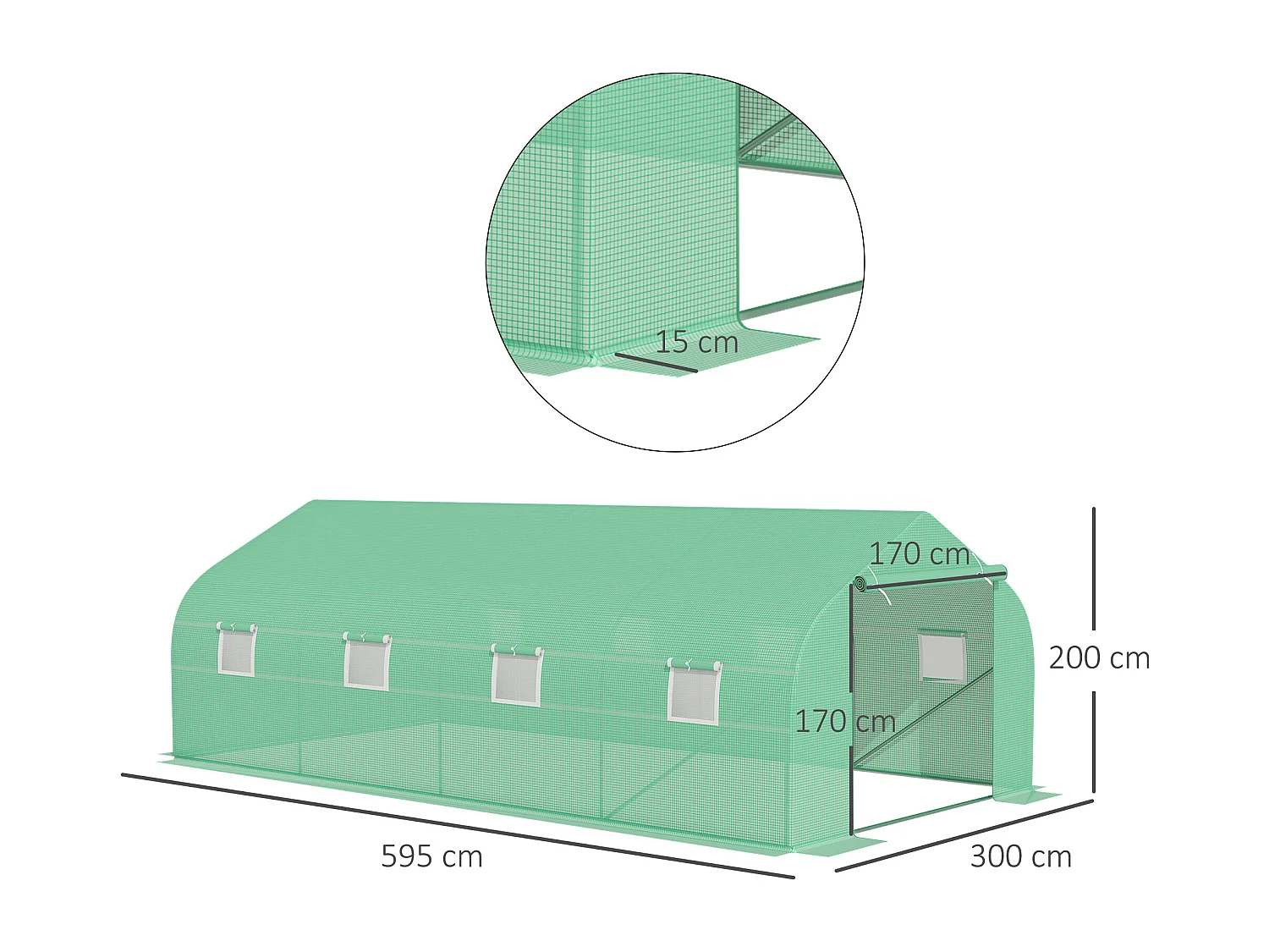 Tomatenkas met zadeldak, stalen frame, groen polyester (595x300x200 cm)