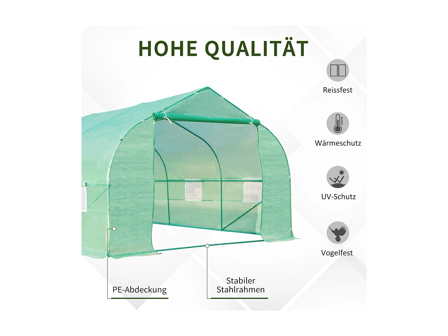 Tomatenkas met zadeldak, stalen frame, groen polyester (595x300x200 cm)