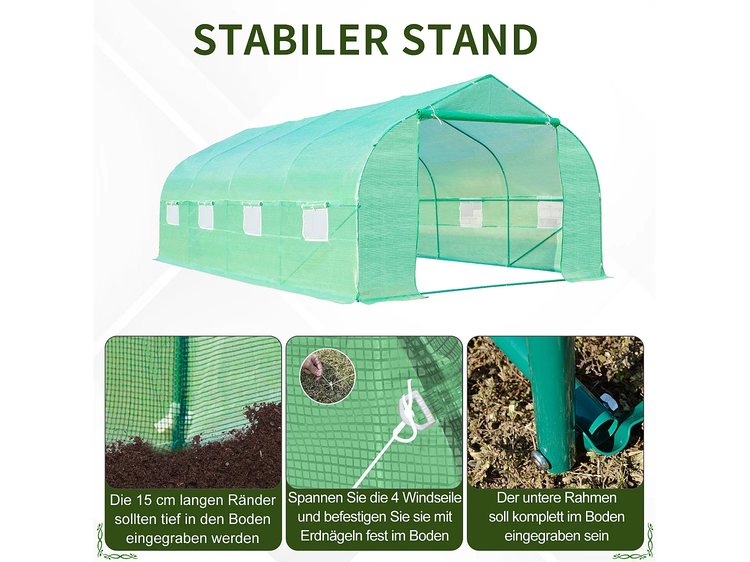 Tomatenkas met zadeldak, stalen frame, groen polyester (595x300x200 cm)