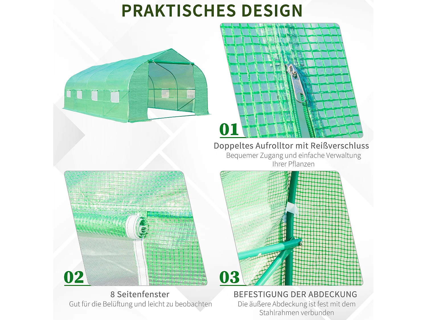 Tomatenkas met zadeldak, stalen frame, groen polyester (595x300x200 cm)