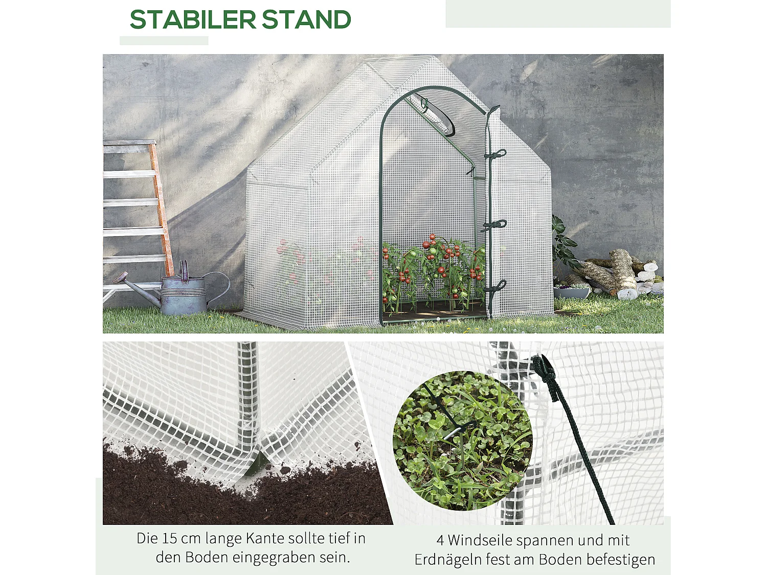 Tuinkas met roldeur, bovenraam, stalen frame, PE-kunststof, wit (180x100x168 cm)