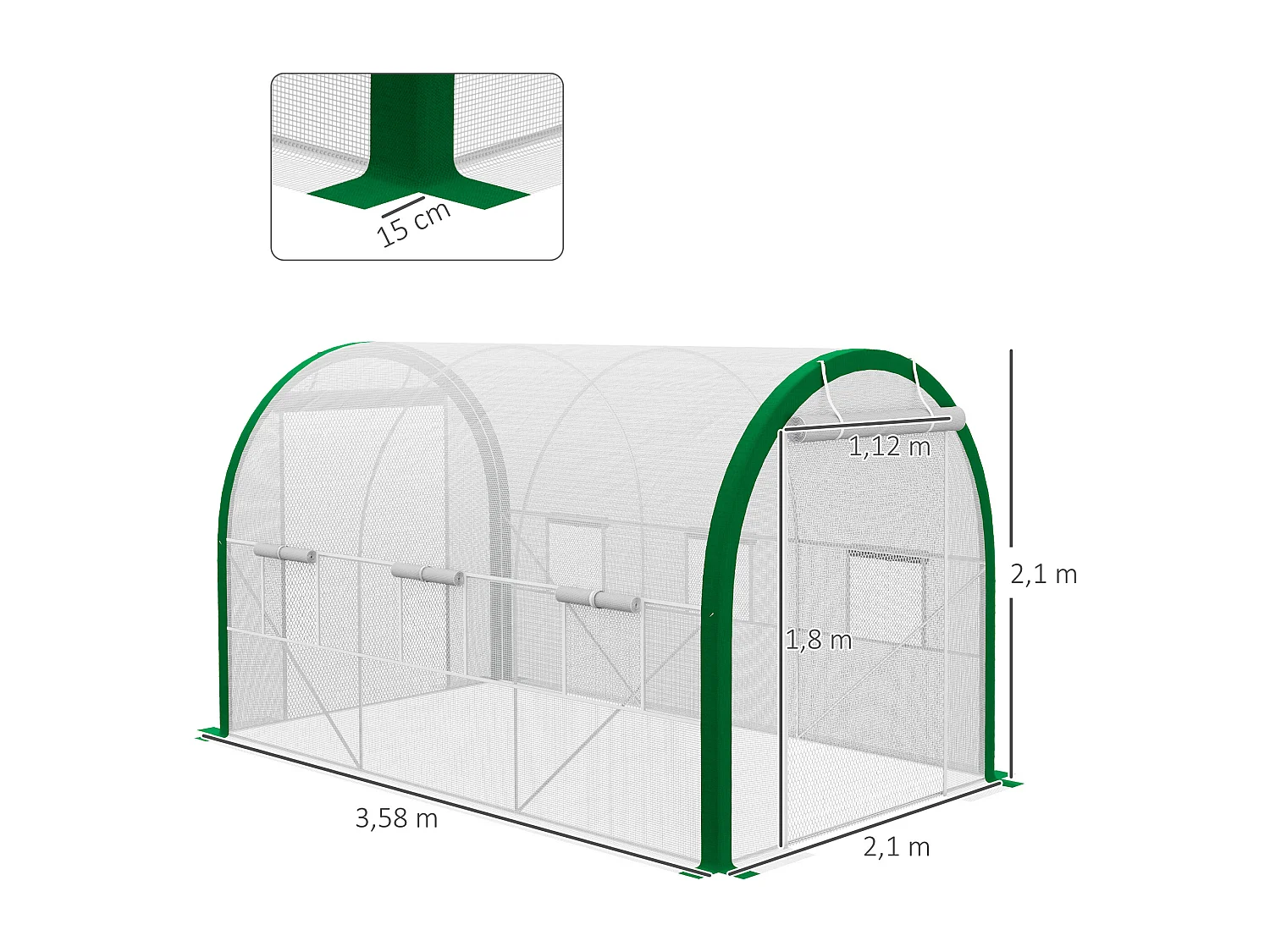 Serre tunnel avec porte roulante, protection UV, acier galvanisé, blanche (358x210x210 cm)