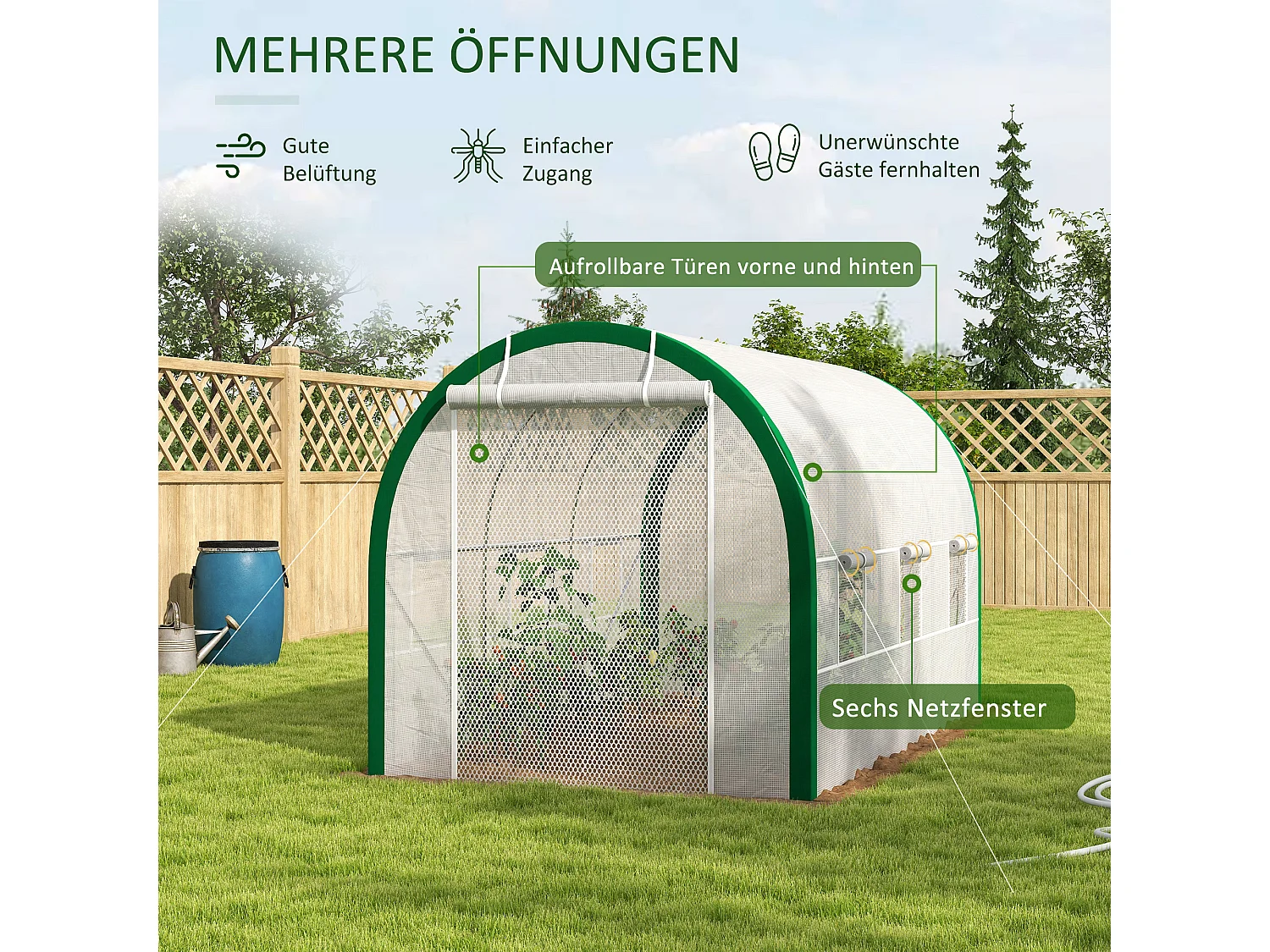 Serre tunnel avec porte roulante, protection UV, acier galvanisé, blanche (358x210x210 cm)