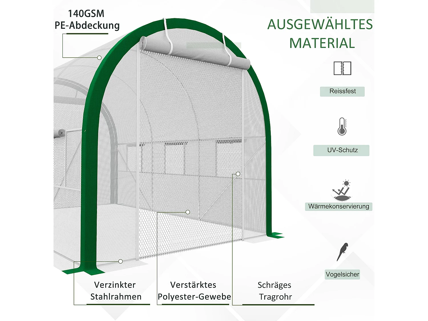 Serre tunnel avec porte roulante, protection UV, acier galvanisé, blanche (358x210x210 cm)