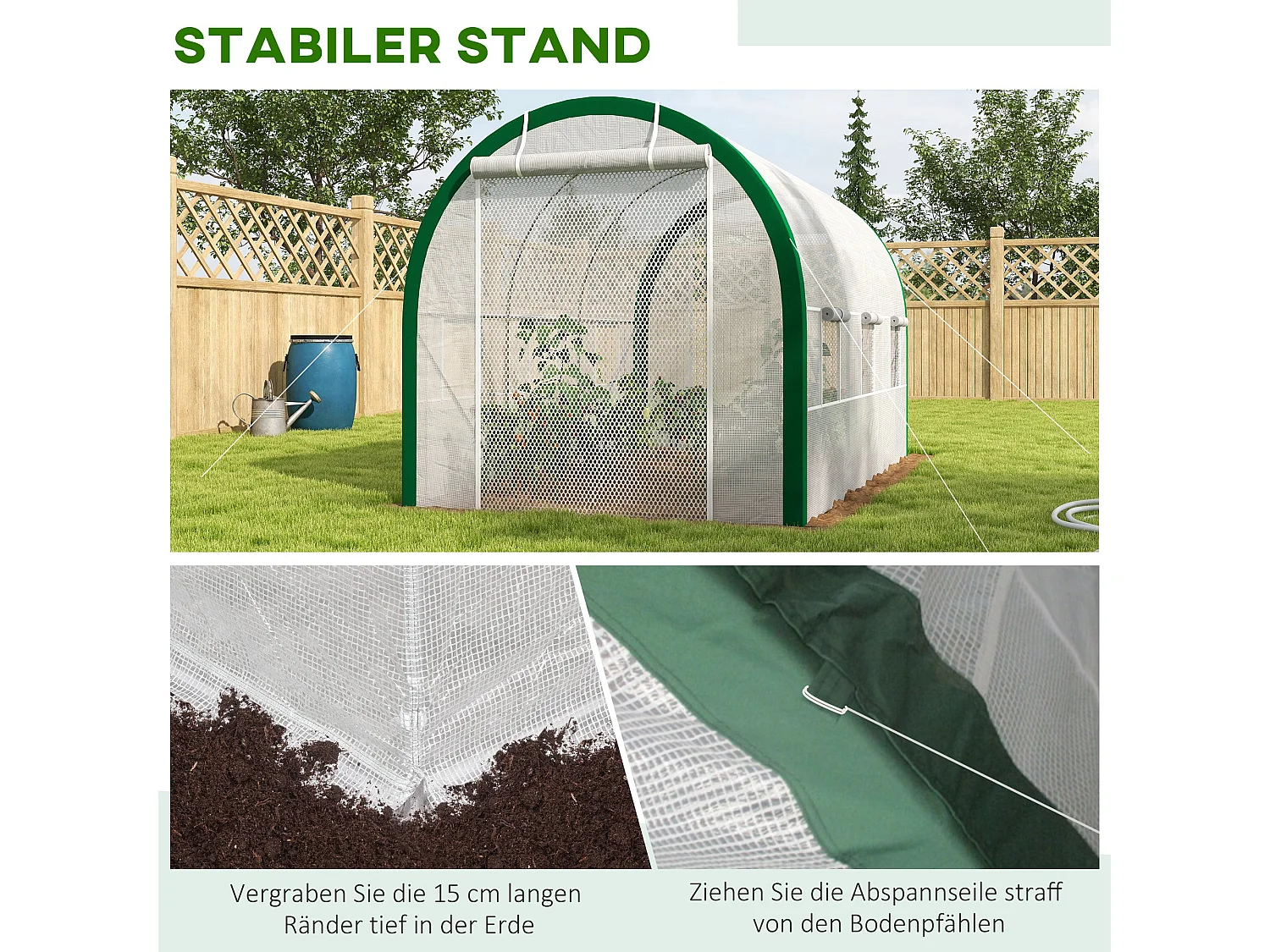 Serre tunnel avec porte roulante, protection UV, acier galvanisé, blanche (358x210x210 cm)