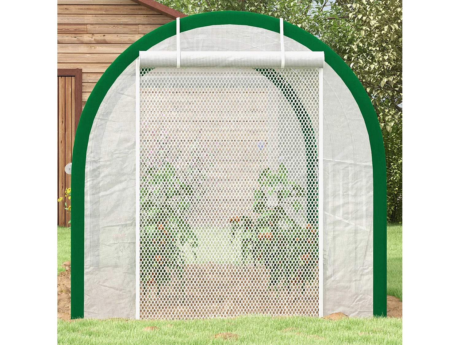 Serre tunnel avec porte roulante, protection UV, acier galvanisé, blanche (358x210x210 cm)