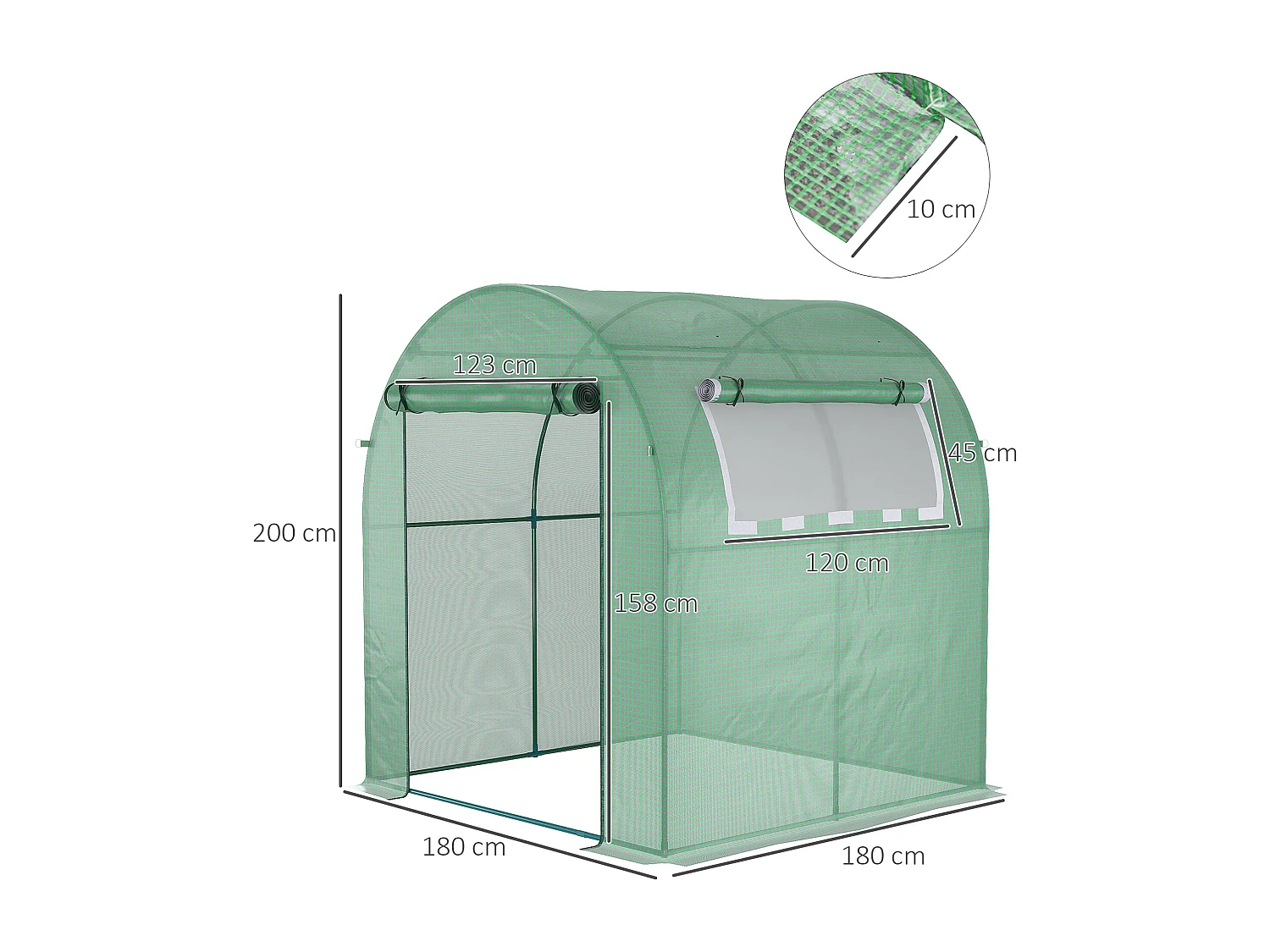 Serre tunnel, 180x180x200 cm, avec porte à rouleau, protection UV, couverture en PE, vert