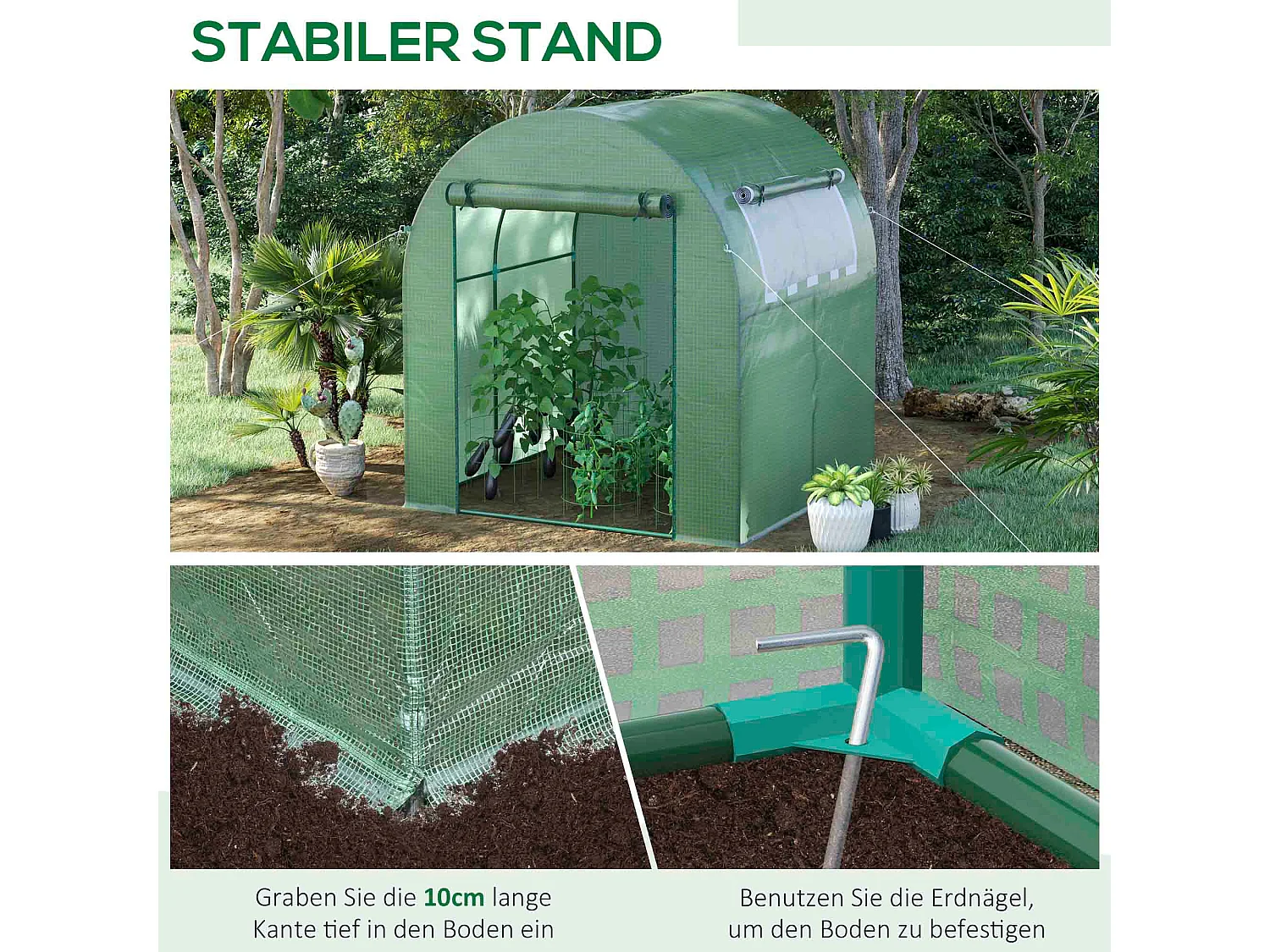 Serre tunnel, 180x180x200 cm, avec porte à rouleau, protection UV, couverture en PE, vert