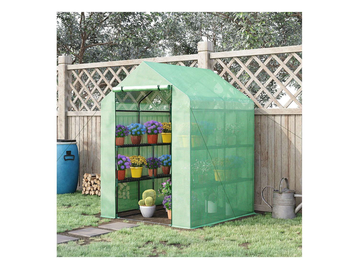 Tuinkas met planken, gemaakt van staal en PE, met deur, groen (500x200x205 cm)