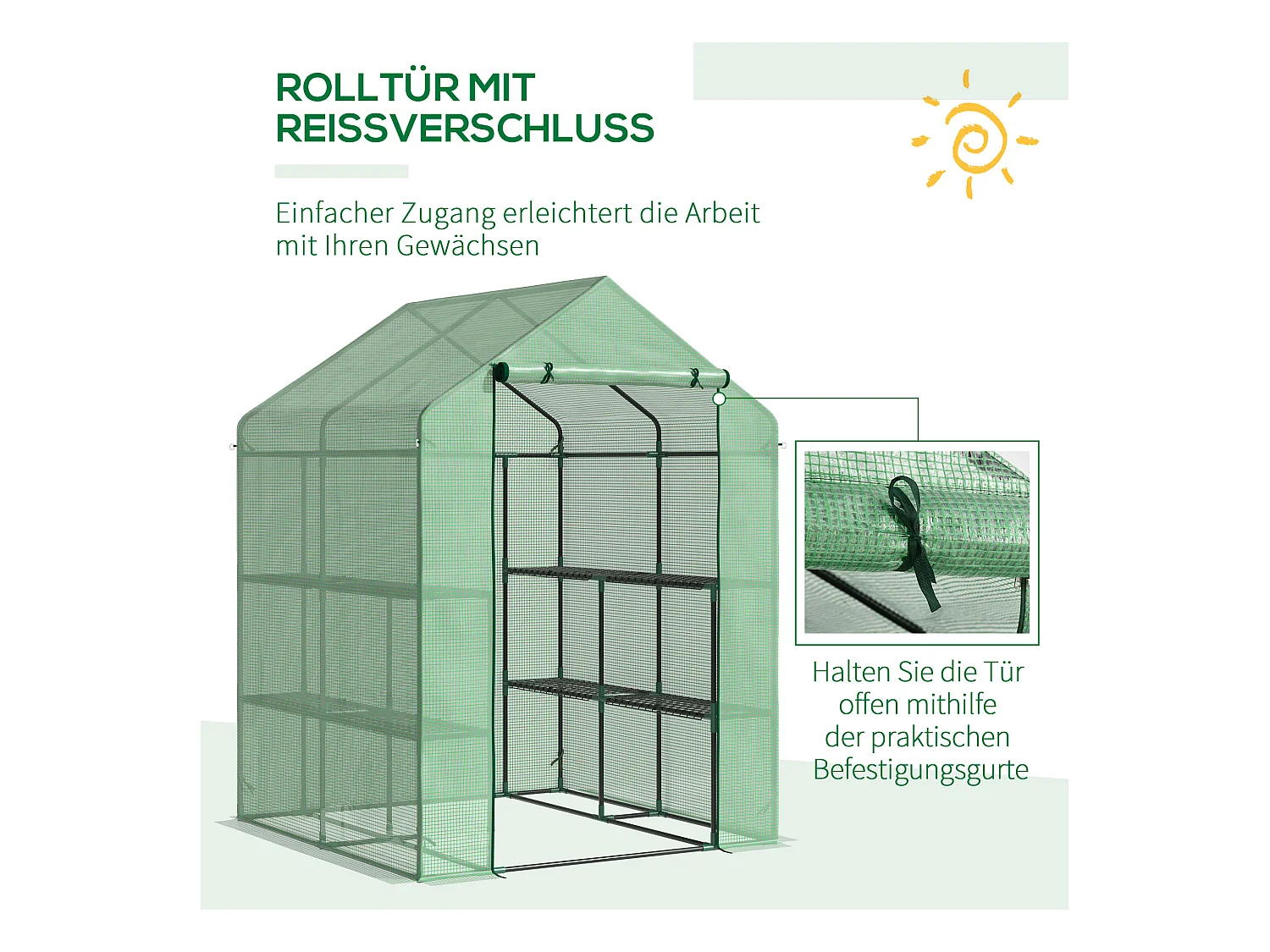 Tuinkas met planken, gemaakt van staal en PE, met deur, groen (500x200x205 cm)