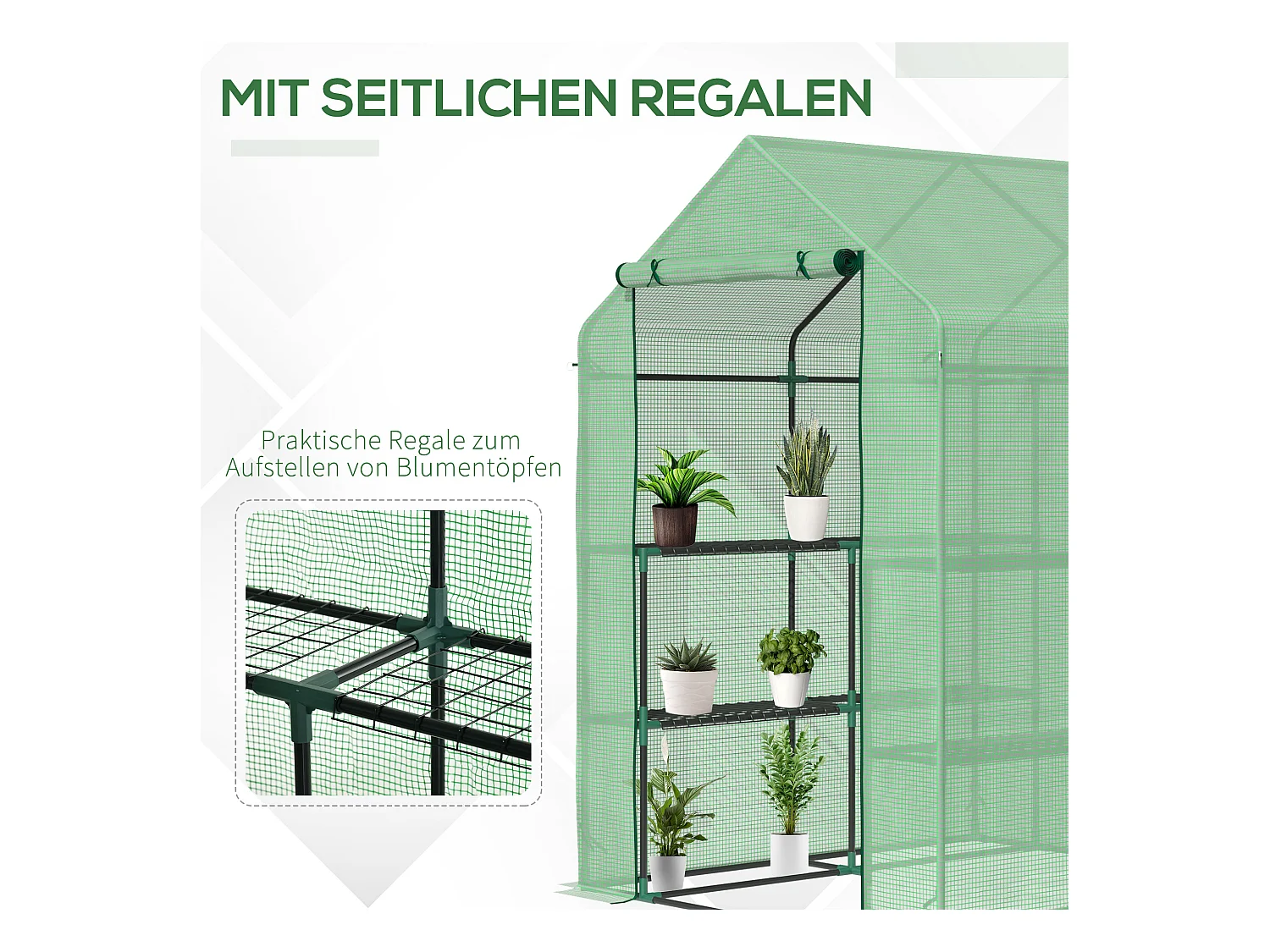 Serre de jardin avec étagères, en acier et PE, avec porte, verte (500x200x205 cm)