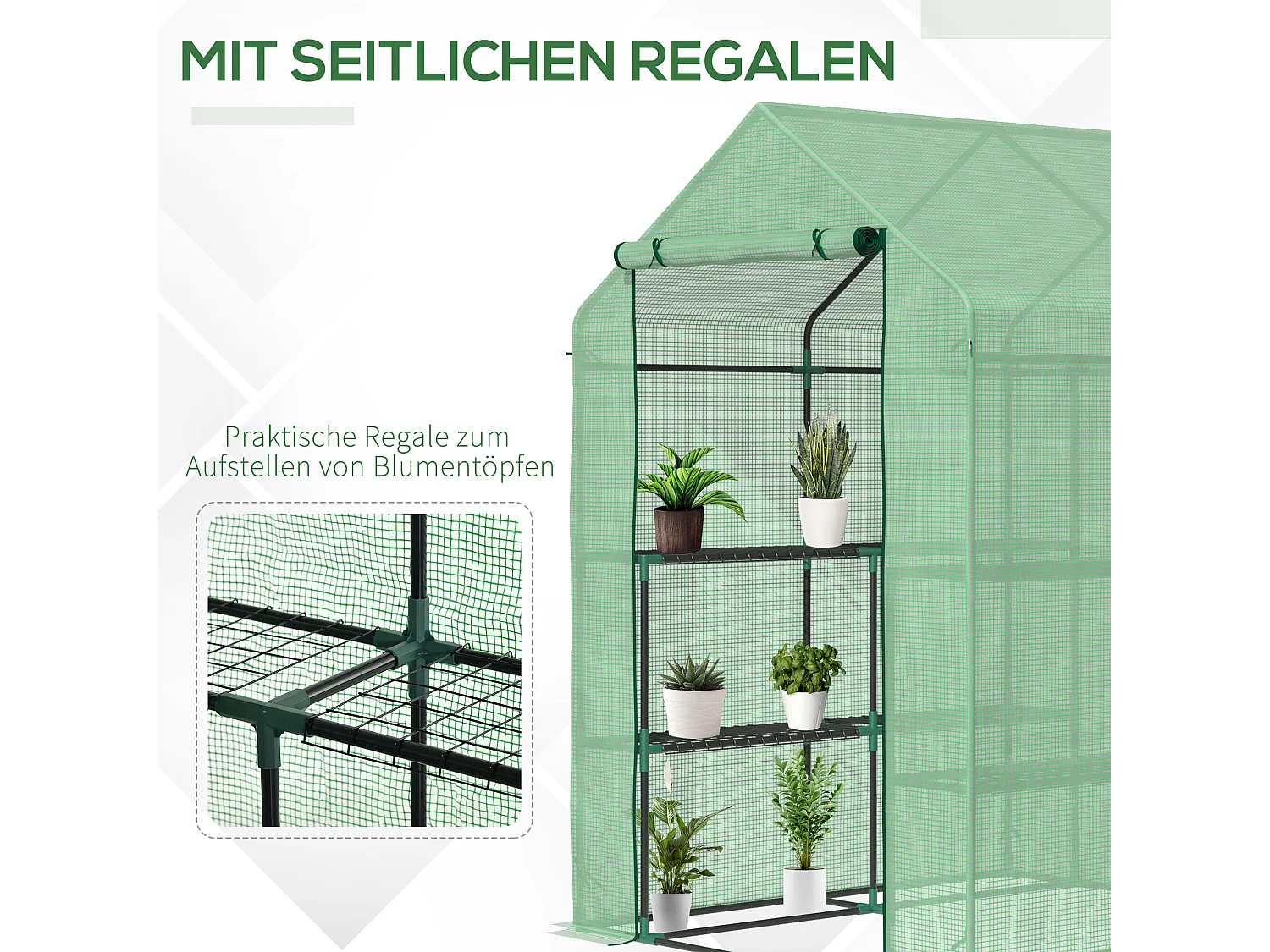 Serre de jardin avec étagères, en acier et PE, avec porte, verte (500x200x205 cm)