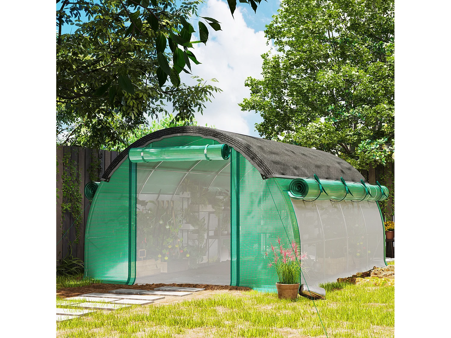 Serre tunnel avec porte roulante, fenêtres, métal, vert (400x300x198 cm)
