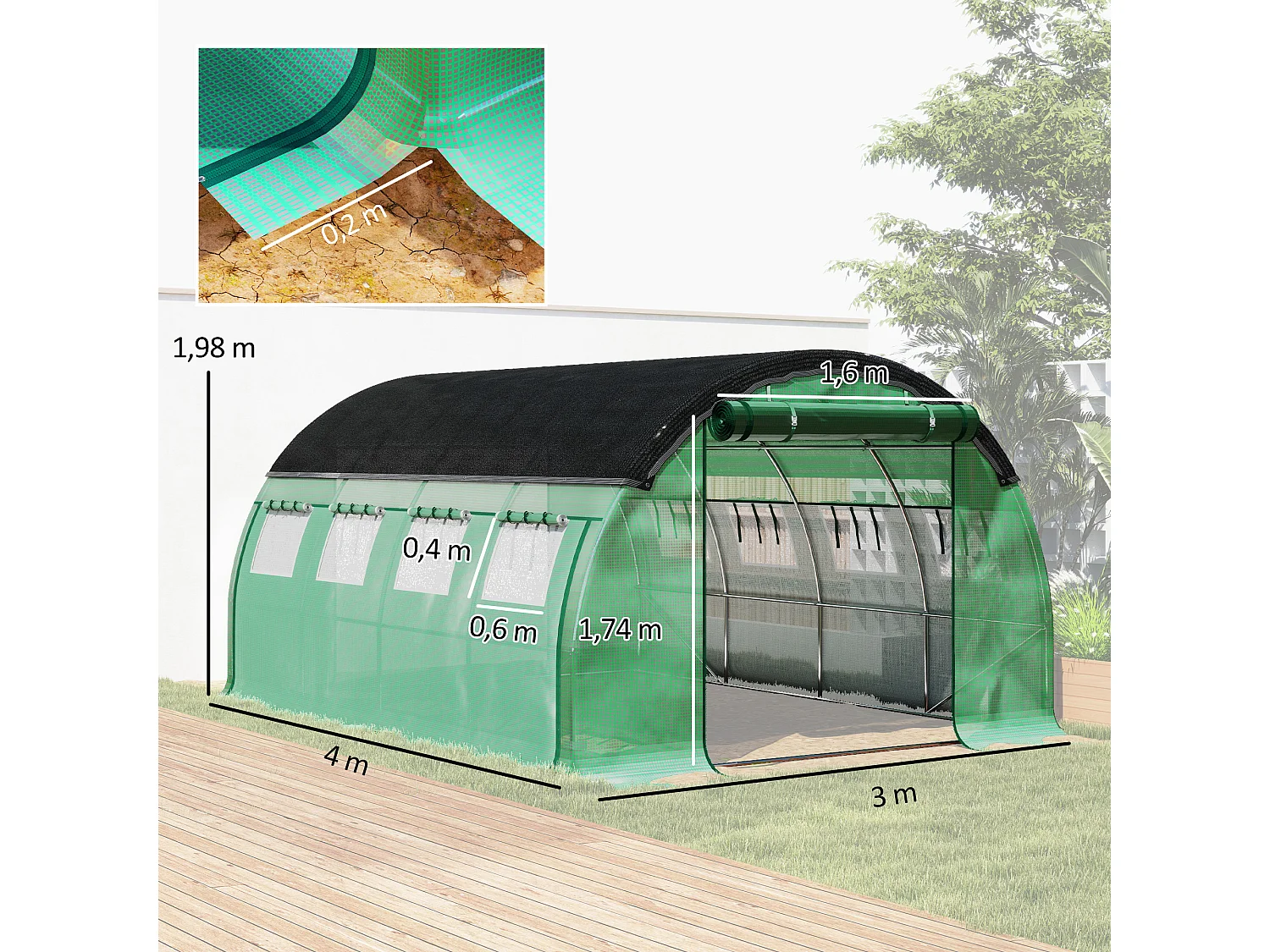 Serre tunnel avec porte roulante, fenêtres, métal, vert (400x300x198 cm)