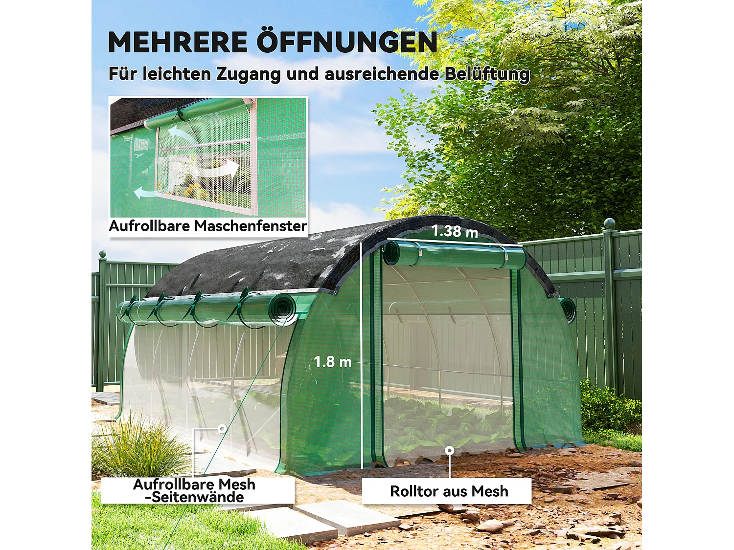 Serre tunnel avec porte roulante, fenêtres, métal, vert (400x300x198 cm)