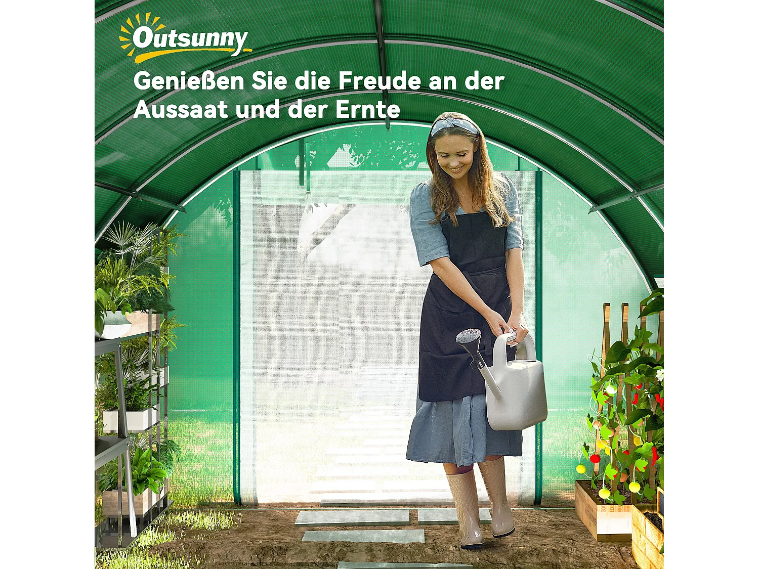 Serre tunnel avec porte roulante, fenêtres, métal, vert (400x300x198 cm)