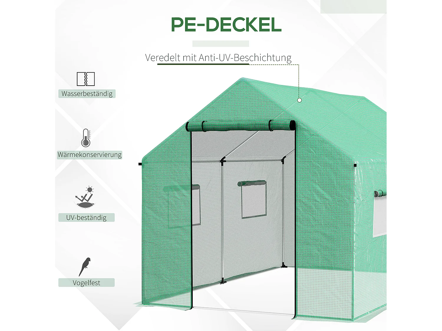 Serre tunnel avec fenêtres roulables, protection UV et vent, structure en acier, verte (200x300x200 cm)