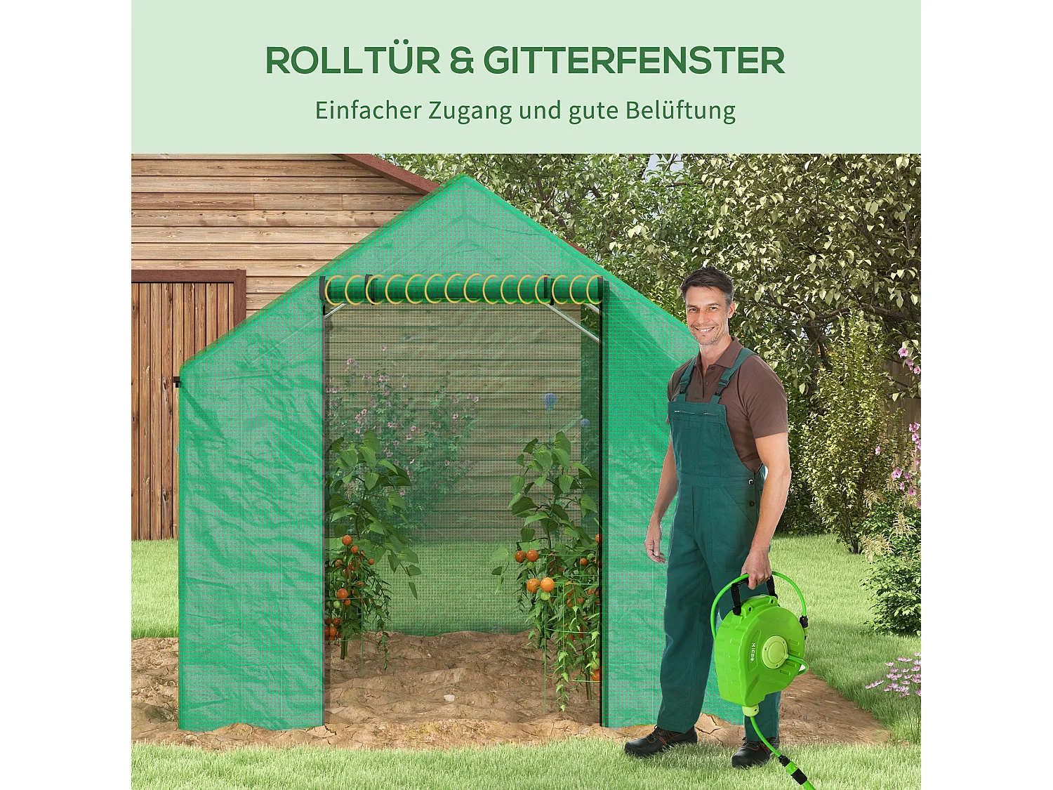 Serre tunnel avec fenêtres roulables, protection UV et vent, structure en acier, verte (200x300x200 cm)