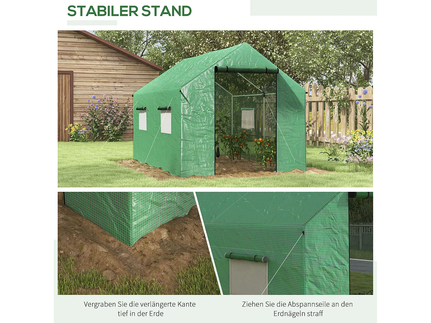 Serre tunnel avec fenêtres roulables, protection UV et vent, structure en acier, verte (200x300x200 cm)