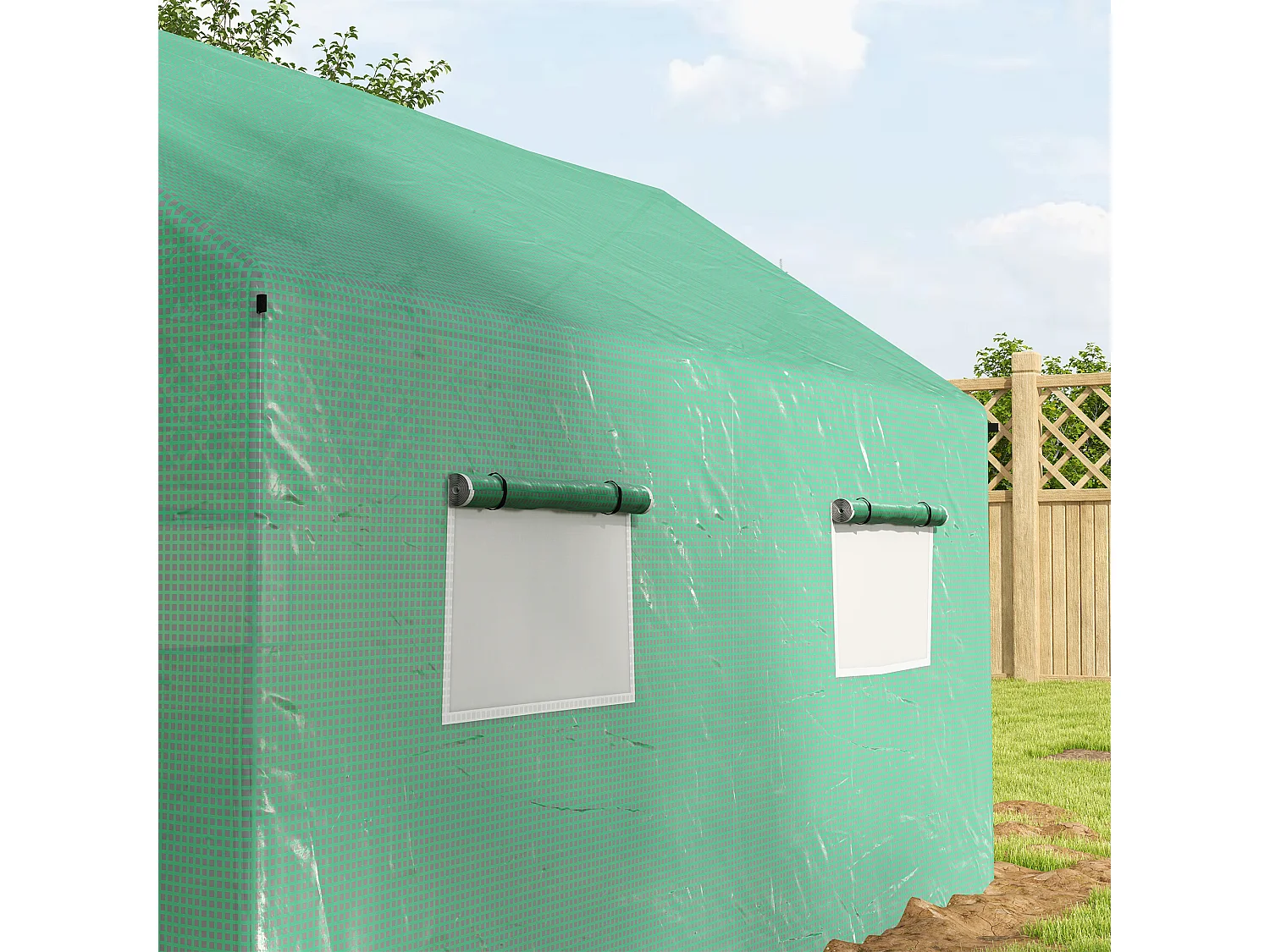 Serre tunnel avec fenêtres roulables, protection UV et vent, structure en acier, verte (200x300x200 cm)