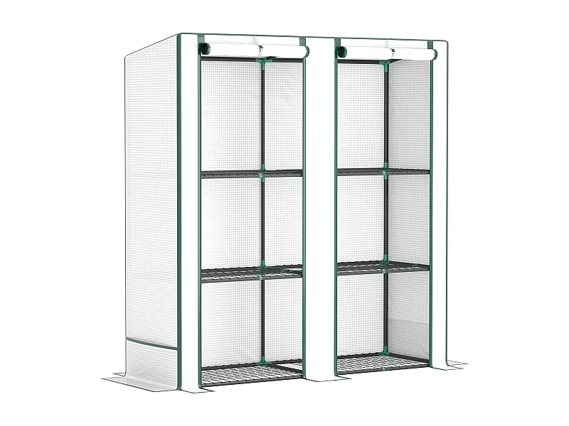 Serre avec toit en pignon, double porte, étagères, couverture résistante au froid, acier et plastique PE, blanc (144x48x152 cm)