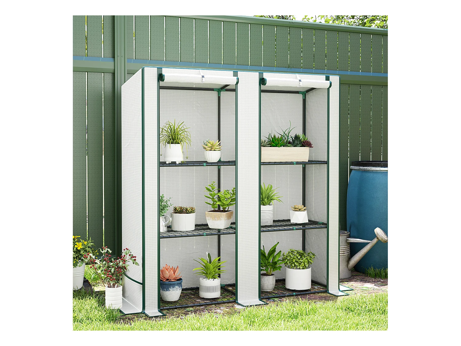 Serre avec toit en pignon, double porte, étagères, couverture résistante au froid, acier et plastique PE, blanc (144x48x152 cm)