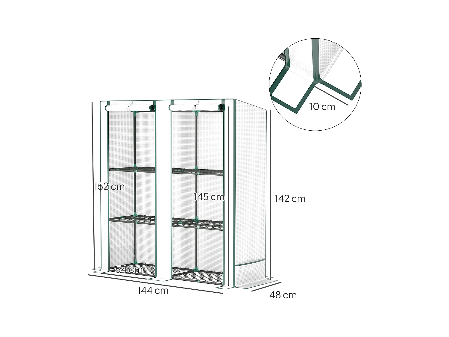 Serre avec toit en pignon, double porte, étagères, couverture résistante au froid, acier et plastique PE, blanc (144x48x152 cm)