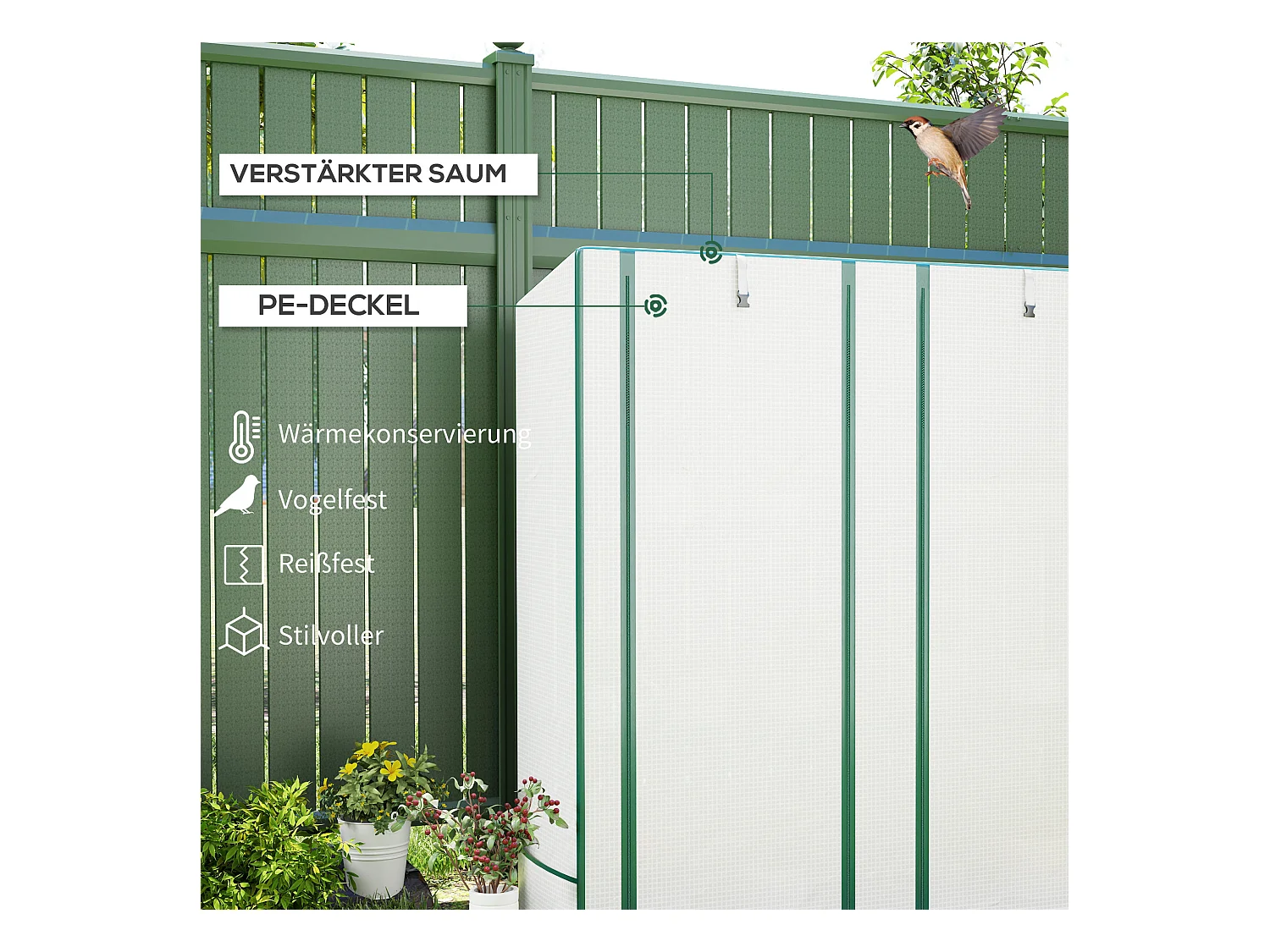 Serre avec toit en pignon, double porte, étagères, couverture résistante au froid, acier et plastique PE, blanc (144x48x152 cm)