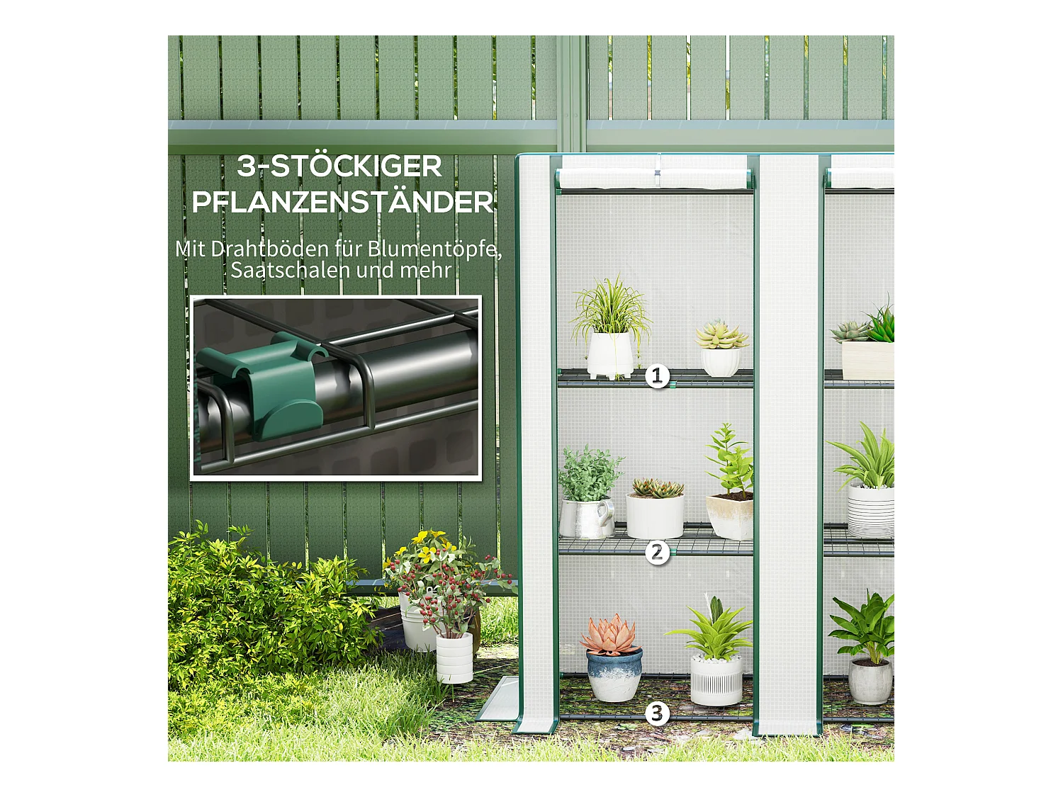 Serre avec toit en pignon, double porte, étagères, couverture résistante au froid, acier et plastique PE, blanc (144x48x152 cm)