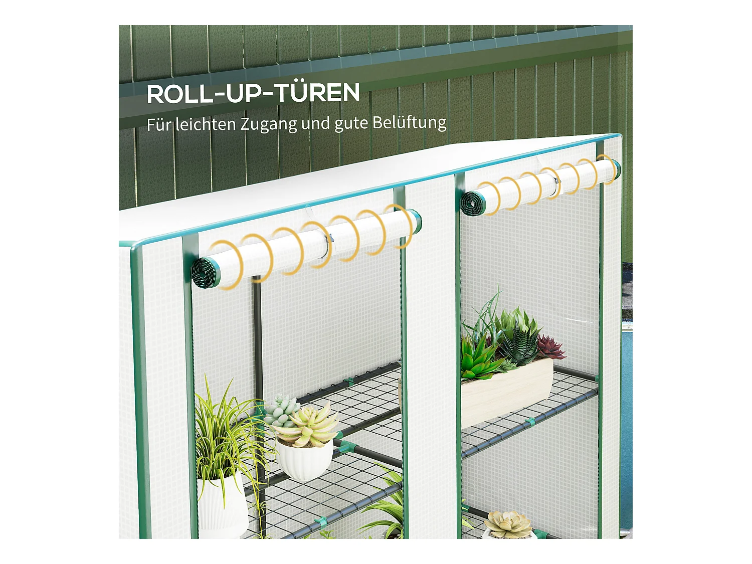 Serre avec toit en pignon, double porte, étagères, couverture résistante au froid, acier et plastique PE, blanc (144x48x152 cm)