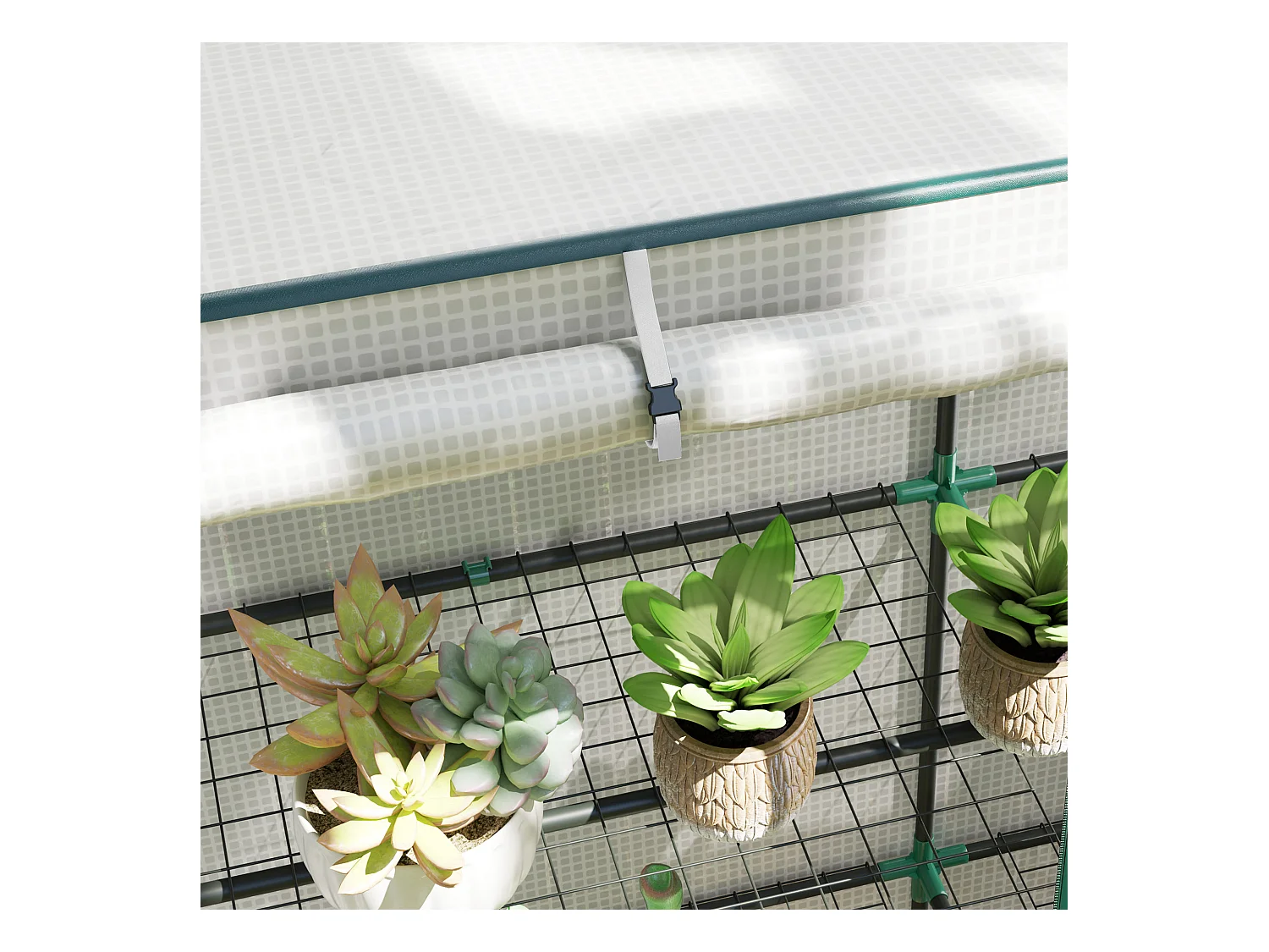 Serre avec toit en pignon, double porte, étagères, couverture résistante au froid, acier et plastique PE, blanc (144x48x152 cm)