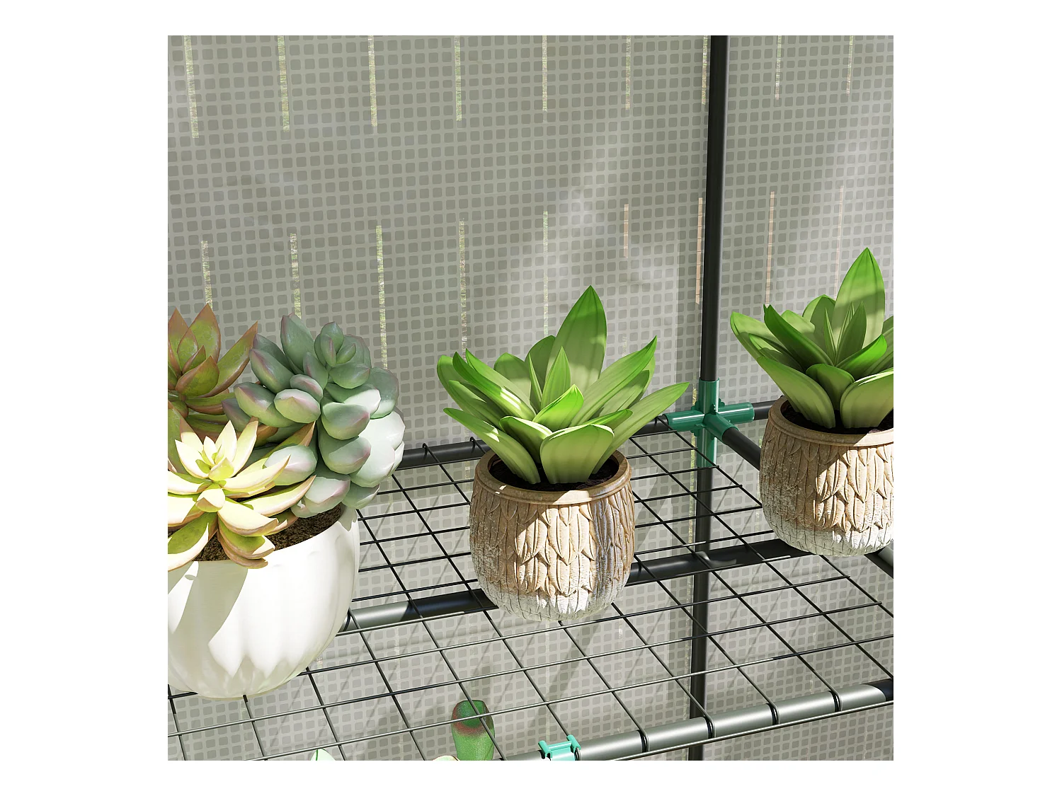 Serre avec toit en pignon, double porte, étagères, couverture résistante au froid, acier et plastique PE, blanc (144x48x152 cm)