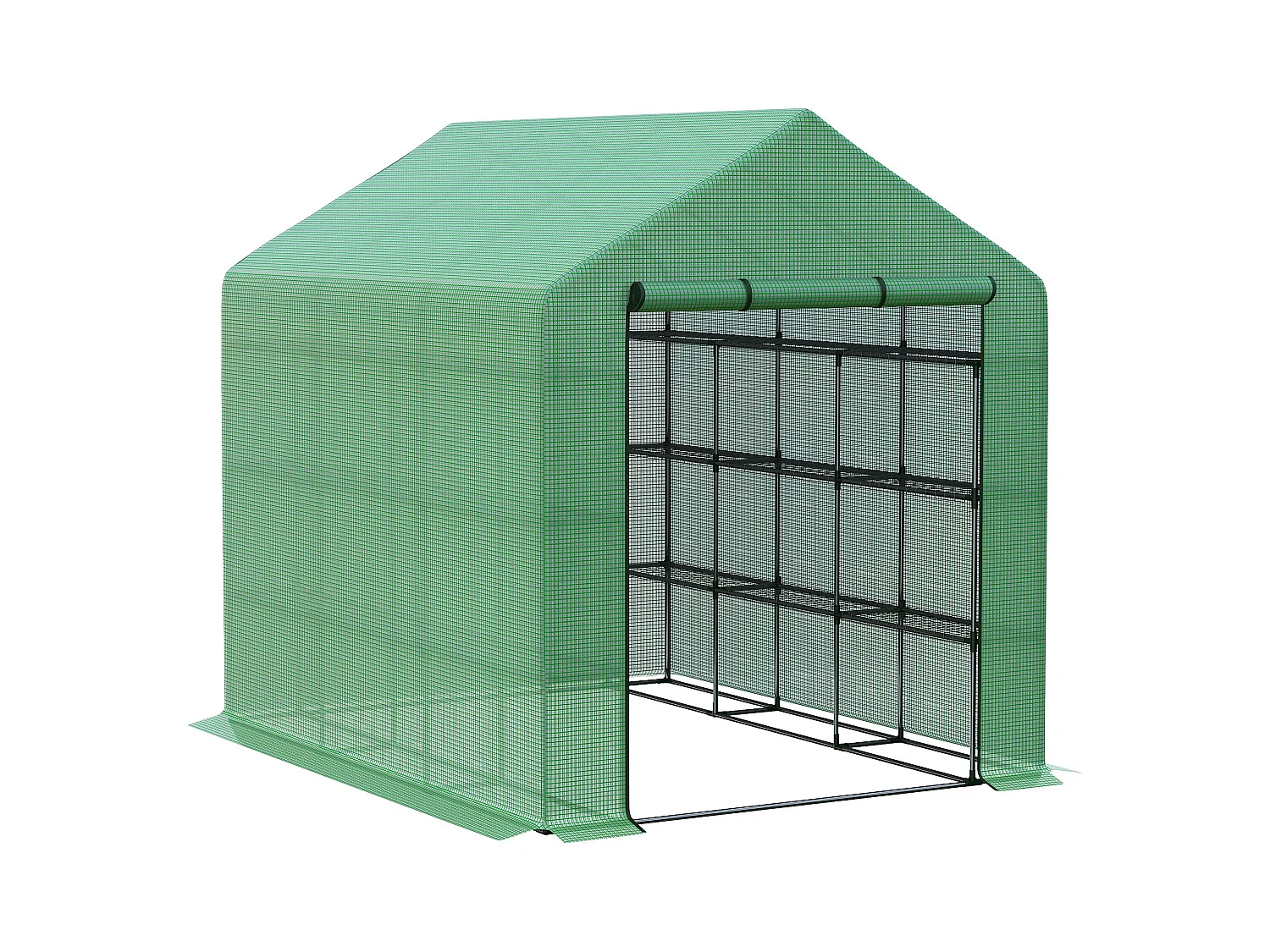 Tuinkas met 8 planken, roldeur, stalen frame en PE-afdekking, groen (244x180x210 cm)