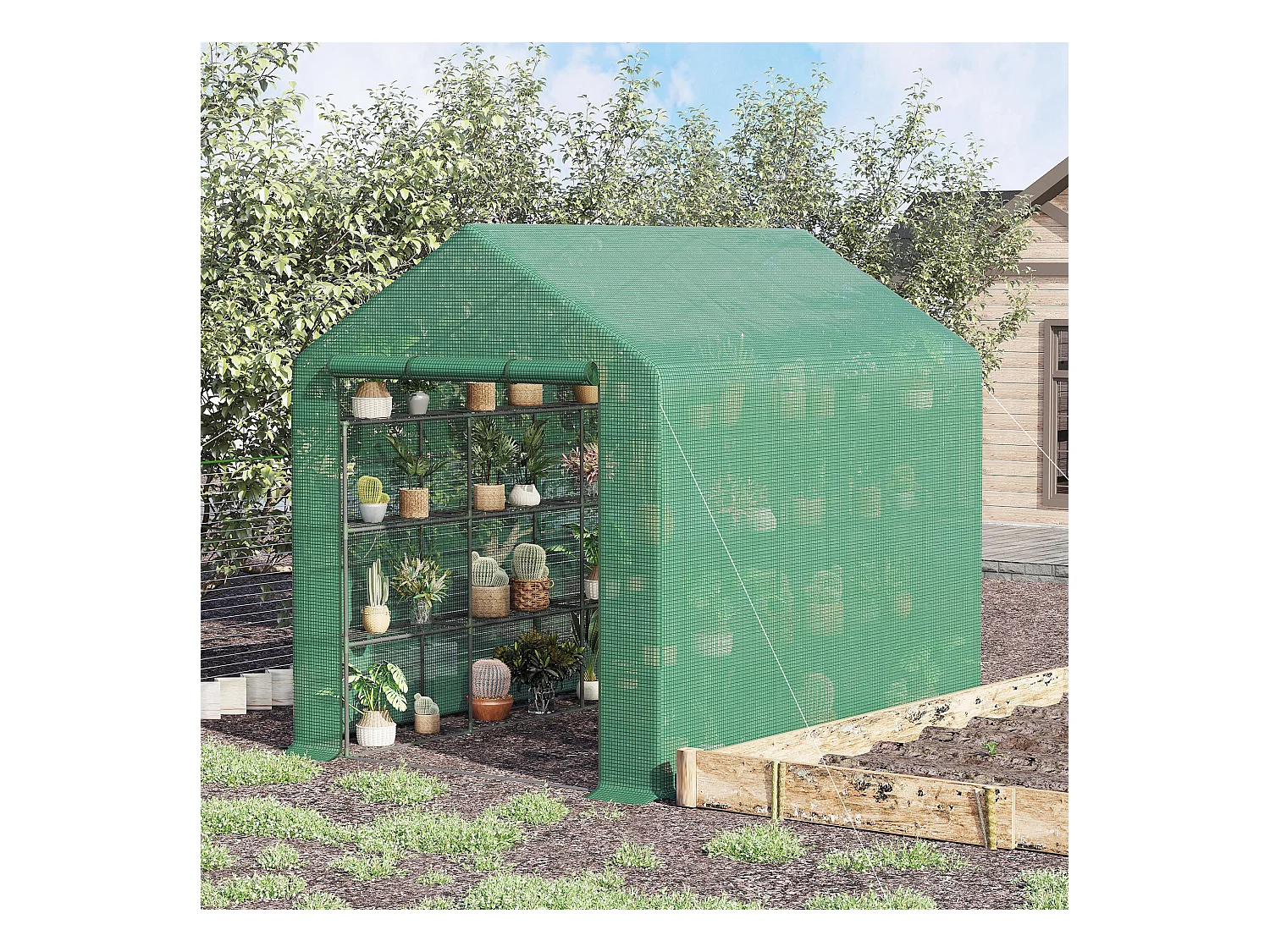 Tuinkas met 8 planken, roldeur, stalen frame en PE-afdekking, groen (244x180x210 cm)