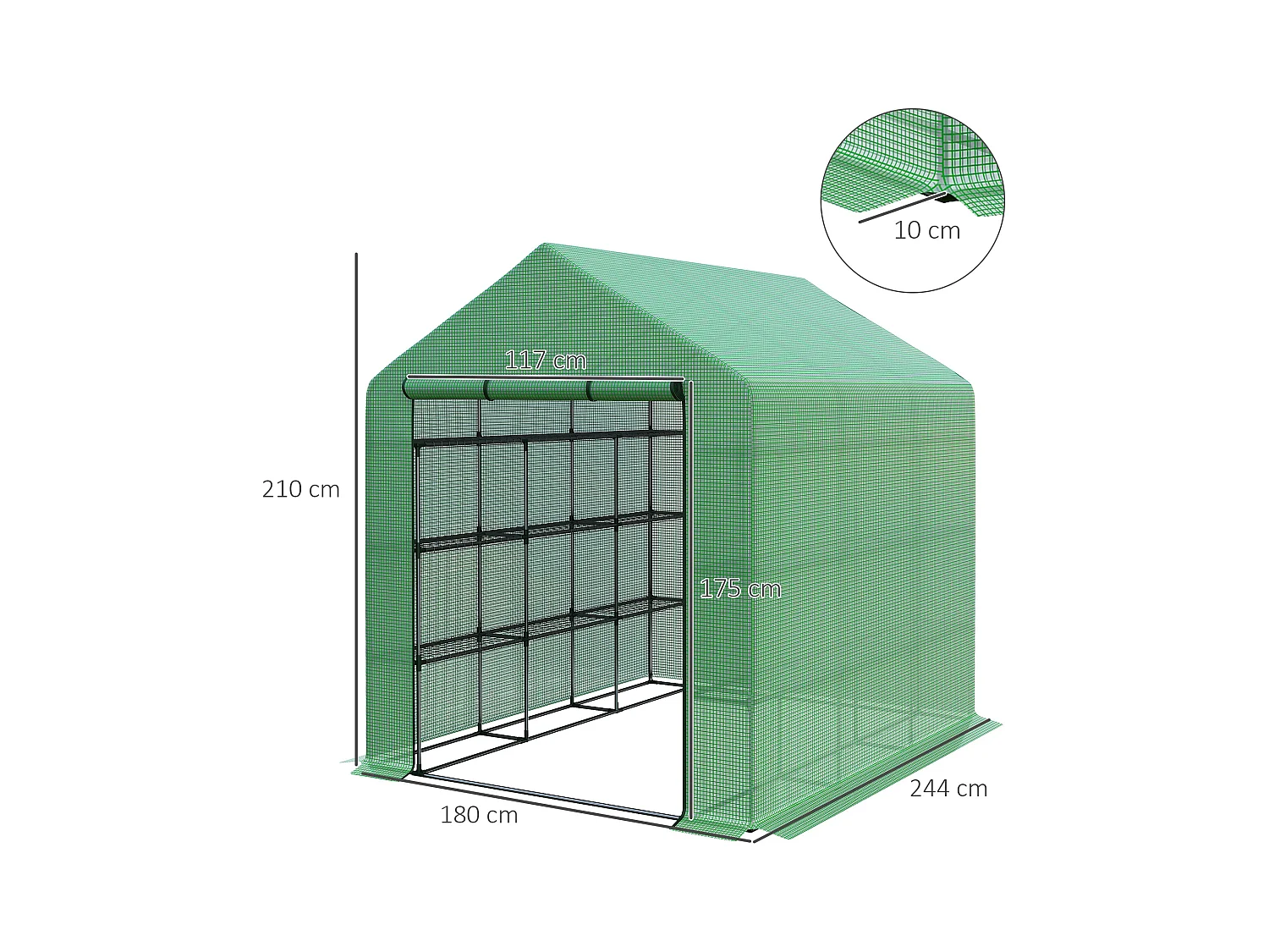 Tuinkas met 8 planken, roldeur, stalen frame en PE-afdekking, groen (244x180x210 cm)