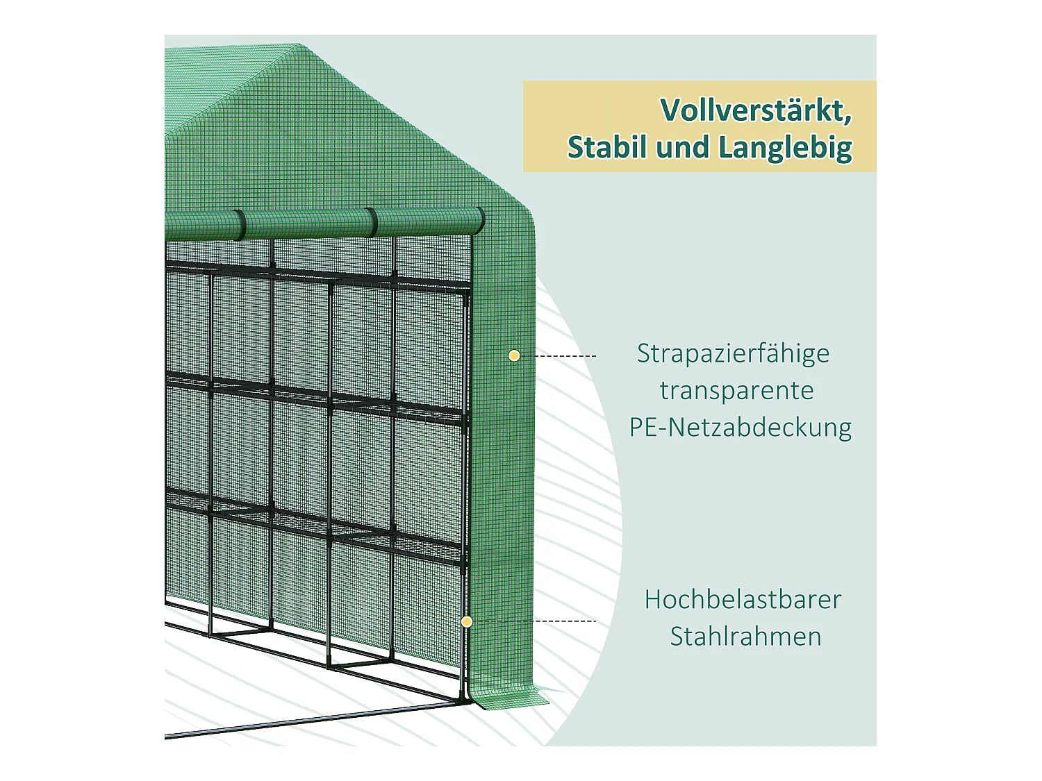 Tuinkas met 8 planken, roldeur, stalen frame en PE-afdekking, groen (244x180x210 cm)