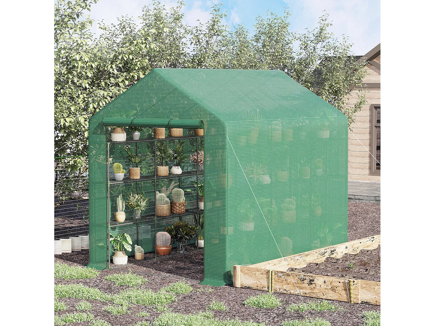 Serre de jardin avec 8 étagères, porte à enroulement, structure en acier et couverture PE, verte (244x180x210 cm)