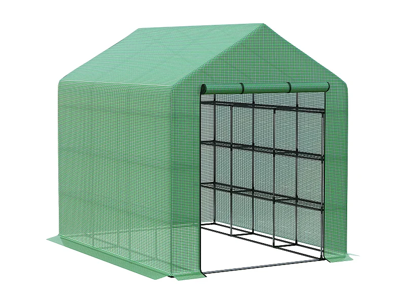 Serre de jardin avec 8 étagères, porte à enroulement, structure en acier et couverture PE, verte (244x180x210 cm)