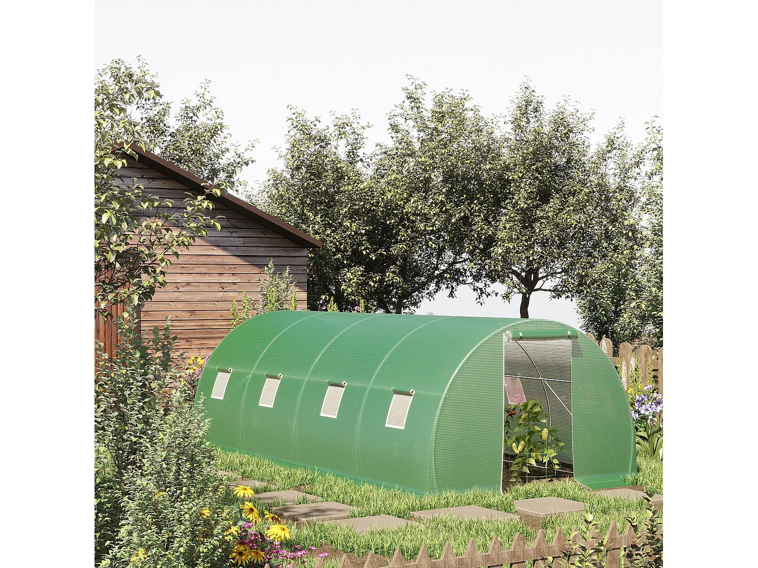 Serre tunnel, 6x3 m, avec 8 fenêtres, porte roulante, protection contre le gel, acier, vert (600x300x200 cm)