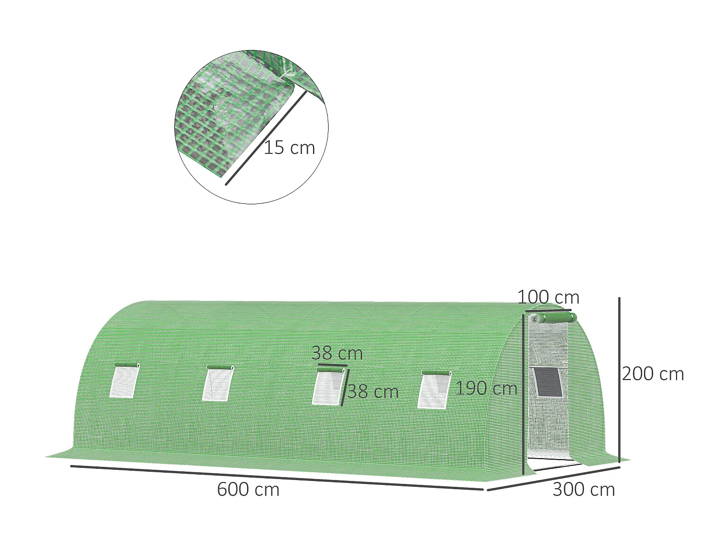 Serre tunnel, 6x3 m, avec 8 fenêtres, porte roulante, protection contre le gel, acier, vert (600x300x200 cm)