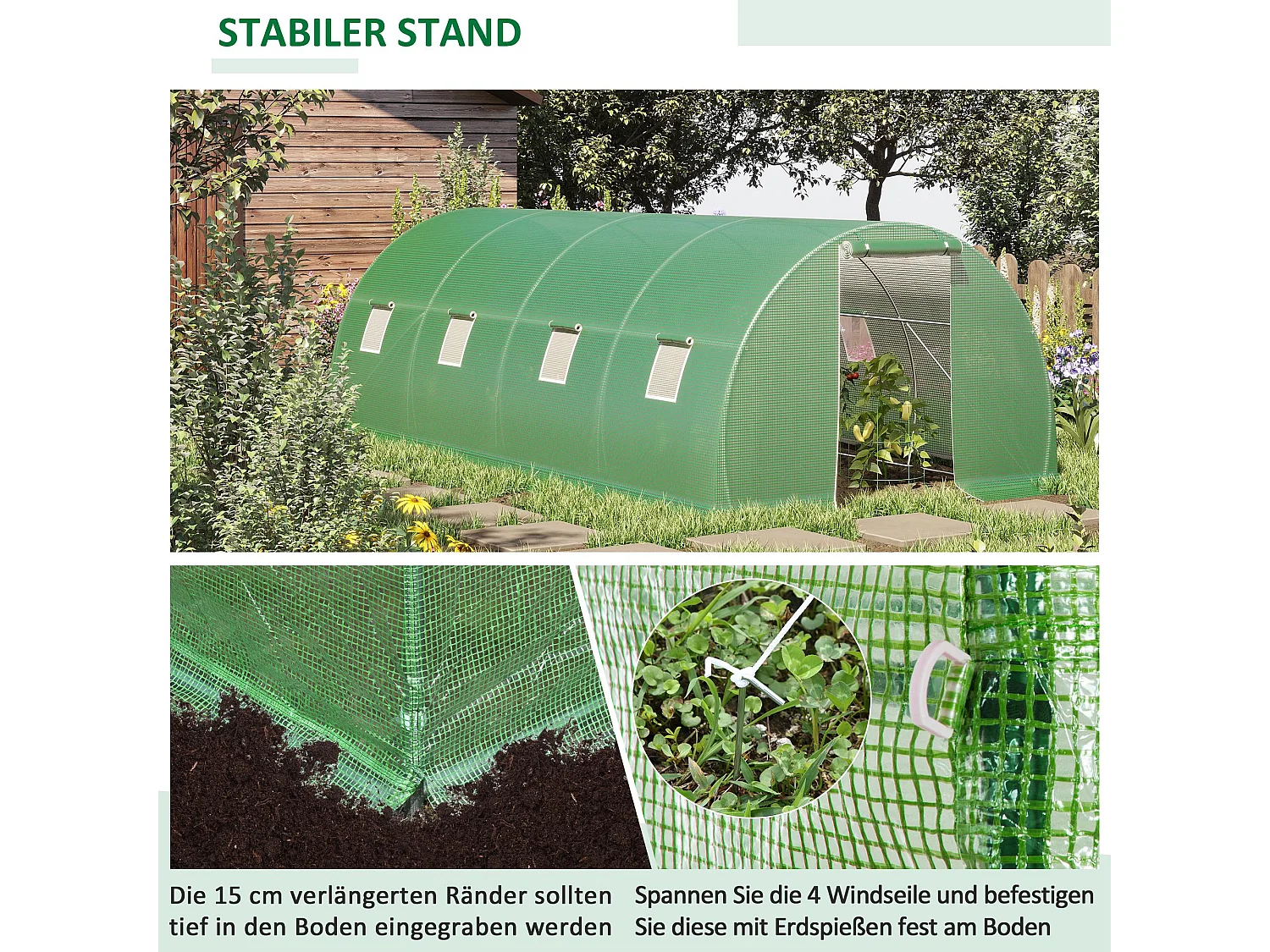 Serre tunnel, 6x3 m, avec 8 fenêtres, porte roulante, protection contre le gel, acier, vert (600x300x200 cm)