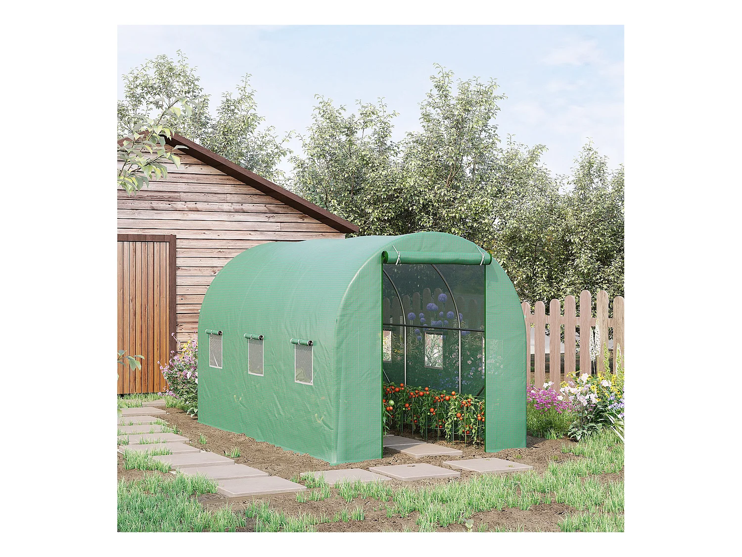 Tunnelkas met ramen, stalen constructie, UV-bescherming, 350x200x200 cm, groen